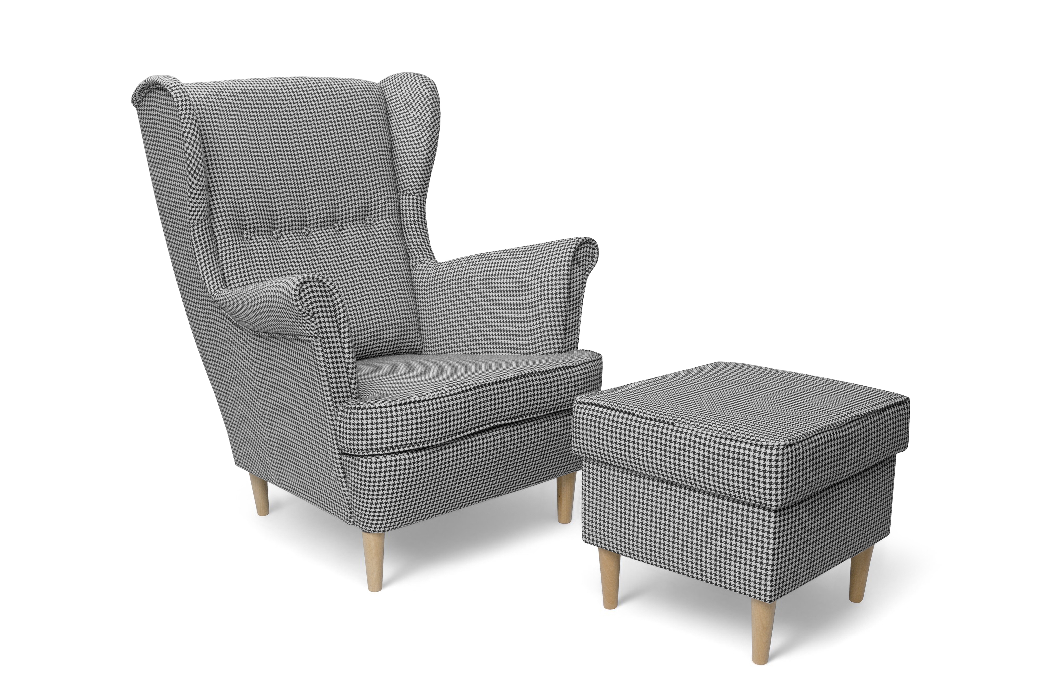 Křeslo ušák Vilano s podnožkou - vzor Kenia 700 / nohy buk Křeslo Ušák Vilano z podnozkiem - wzor pepitka Kenia 700, Nohy buk 