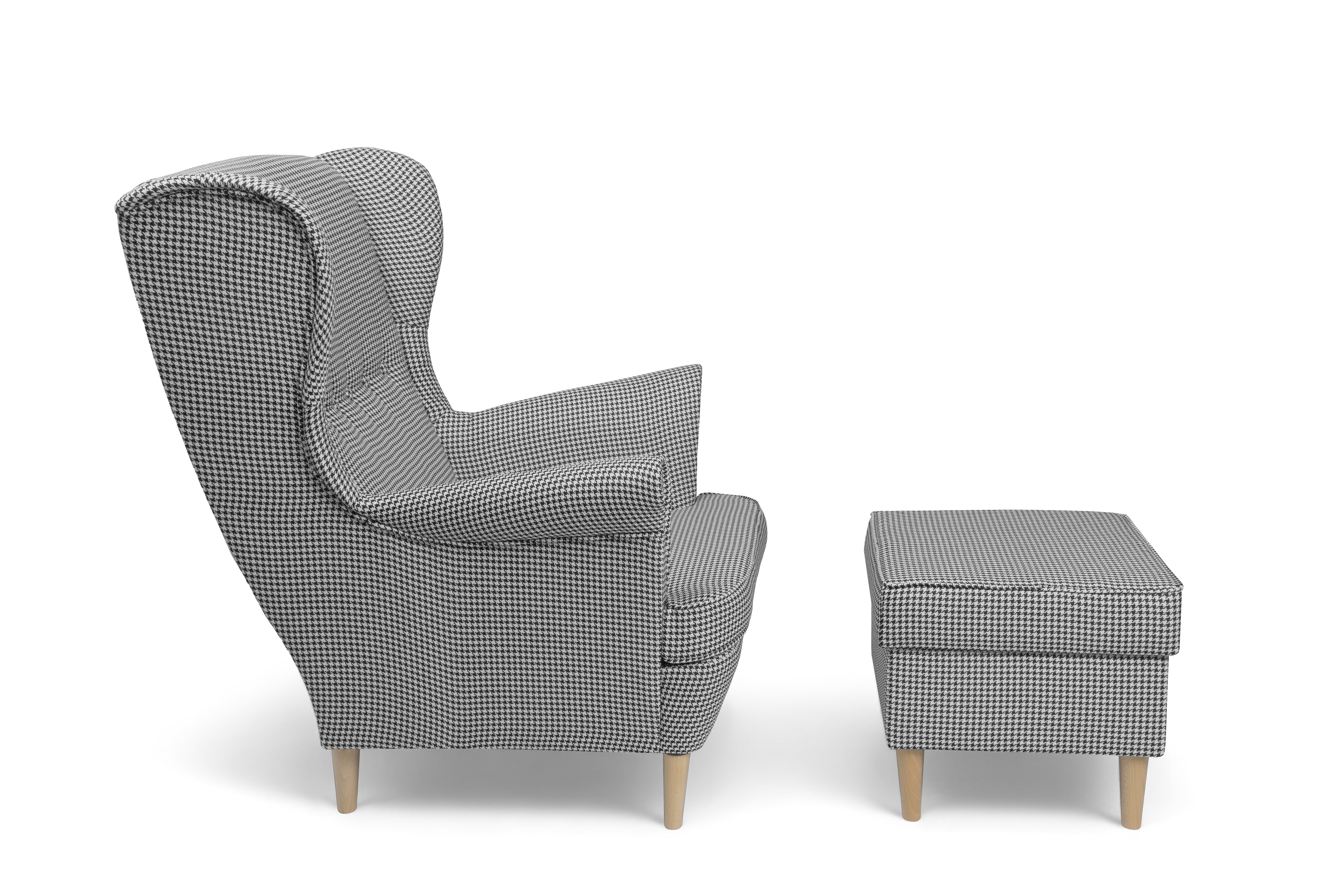 Křeslo ušák Vilano s podnožkou - vzor Kenia 700 / nohy buk Křeslo Ušák Vilano z podnozkiem - wzor pepitka Kenia 700, Nohy buk 