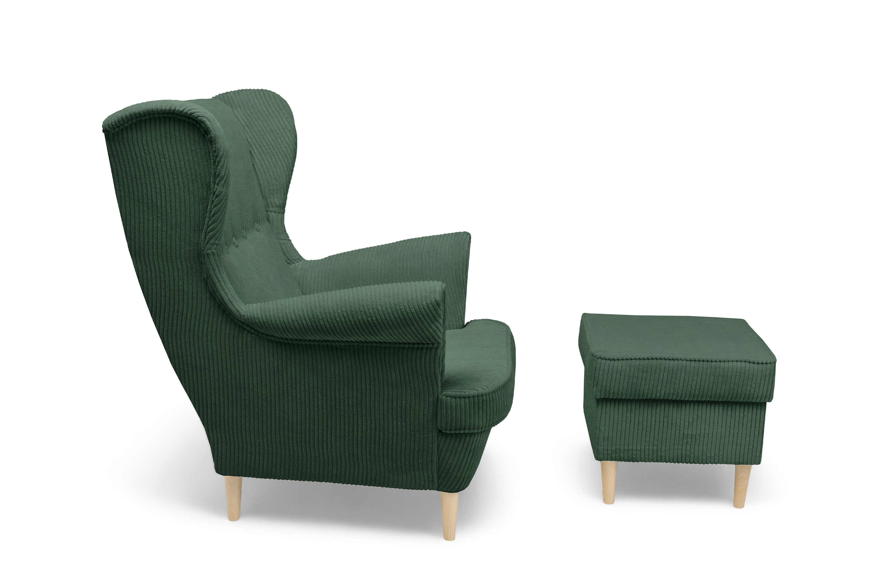 Křeslo ušák Vilano s podnožkou - zelený manšestr Poso 14 / nohy buk Křeslo Ušák Vilano z podnozkiem - Zelený manšestr Poso 14 / Nohy buk