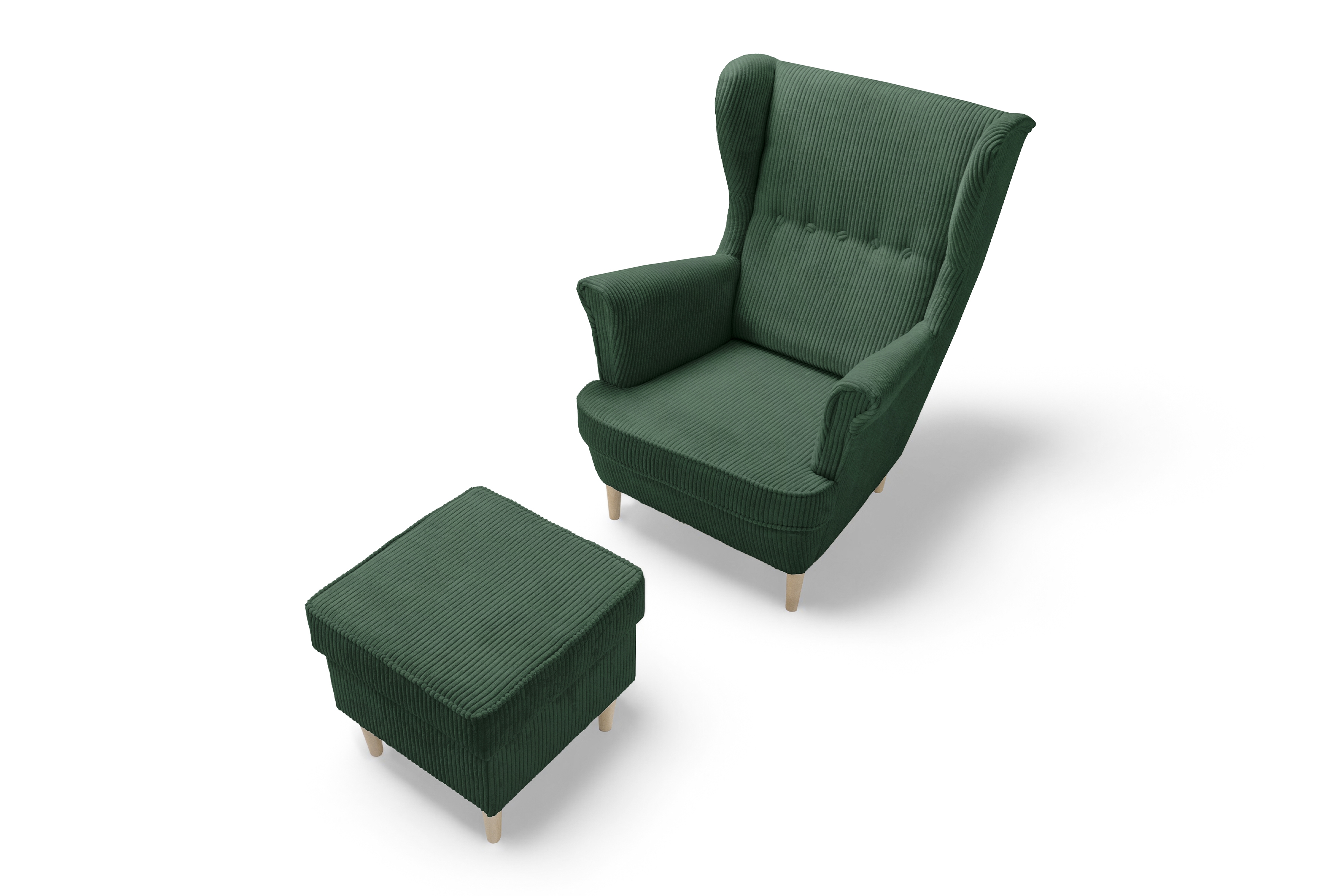 Křeslo ušák Vilano s podnožkou - zelený manšestr Poso 14 / nohy buk Křeslo Ušák Vilano z podnozkiem - Zelený manšestr Poso 14 / Nohy buk