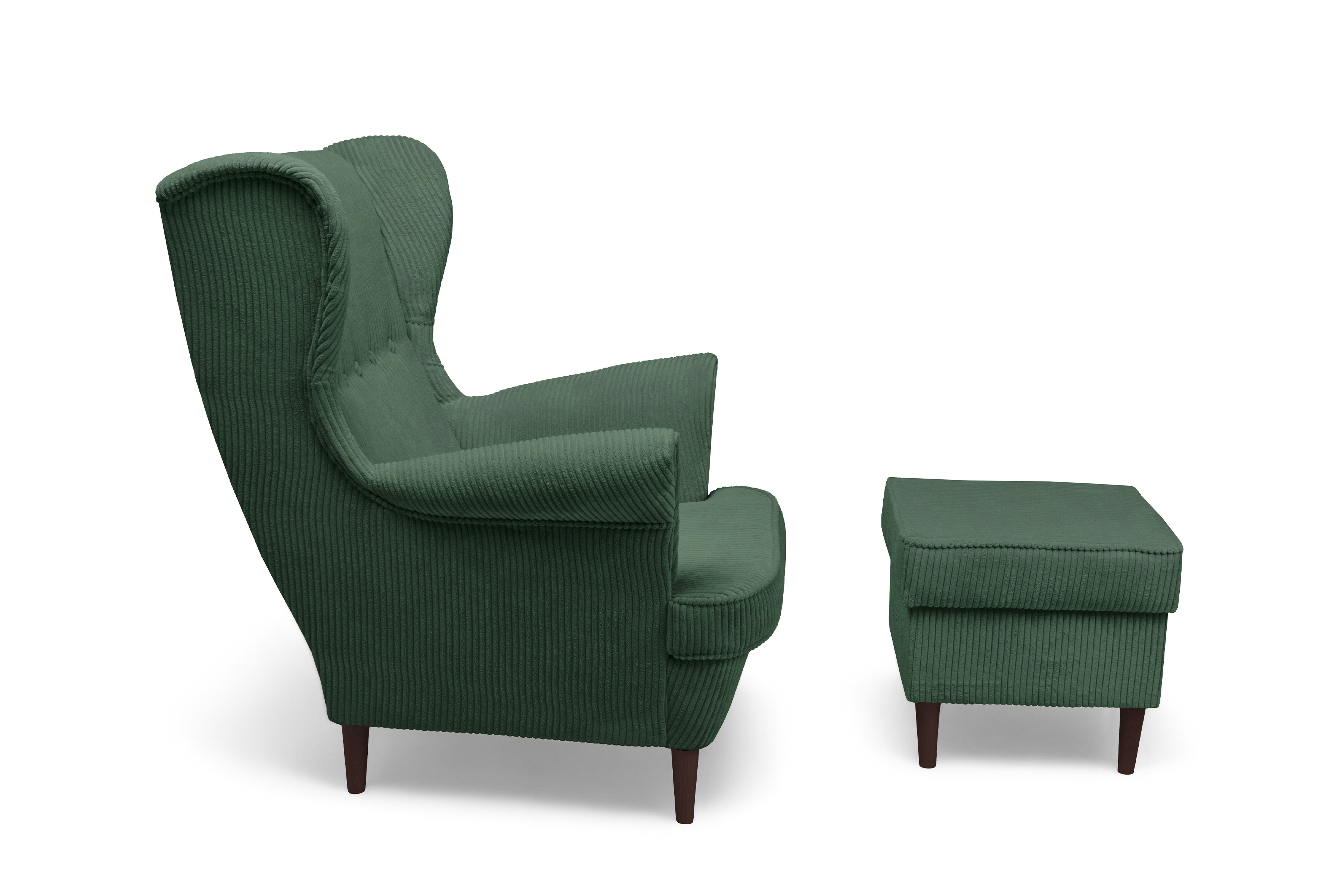 Křeslo ušák Vilano s podnožkou - zelený manšestr Poso 14 / nohy venge Křeslo Ušák Vilano z podnozkiem - Zelený manšestr Poso 14 / Nohy Venge 