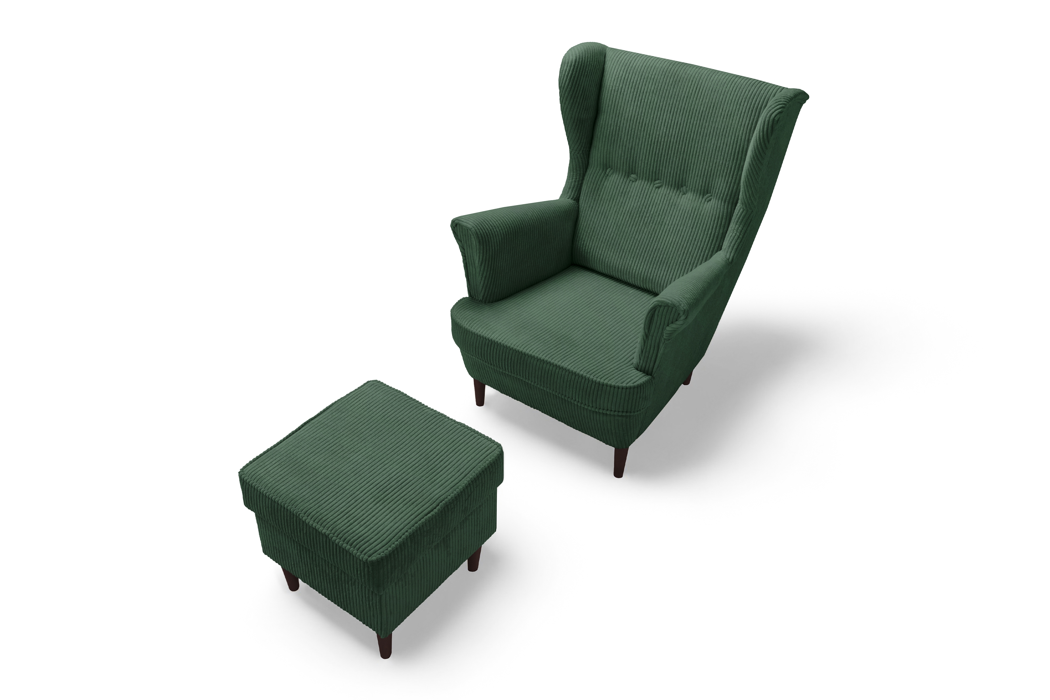 Křeslo ušák Vilano s podnožkou - zelený manšestr Poso 14 / nohy venge Křeslo Ušák Vilano z podnozkiem - Zelený manšestr Poso 14 / Nohy Venge 