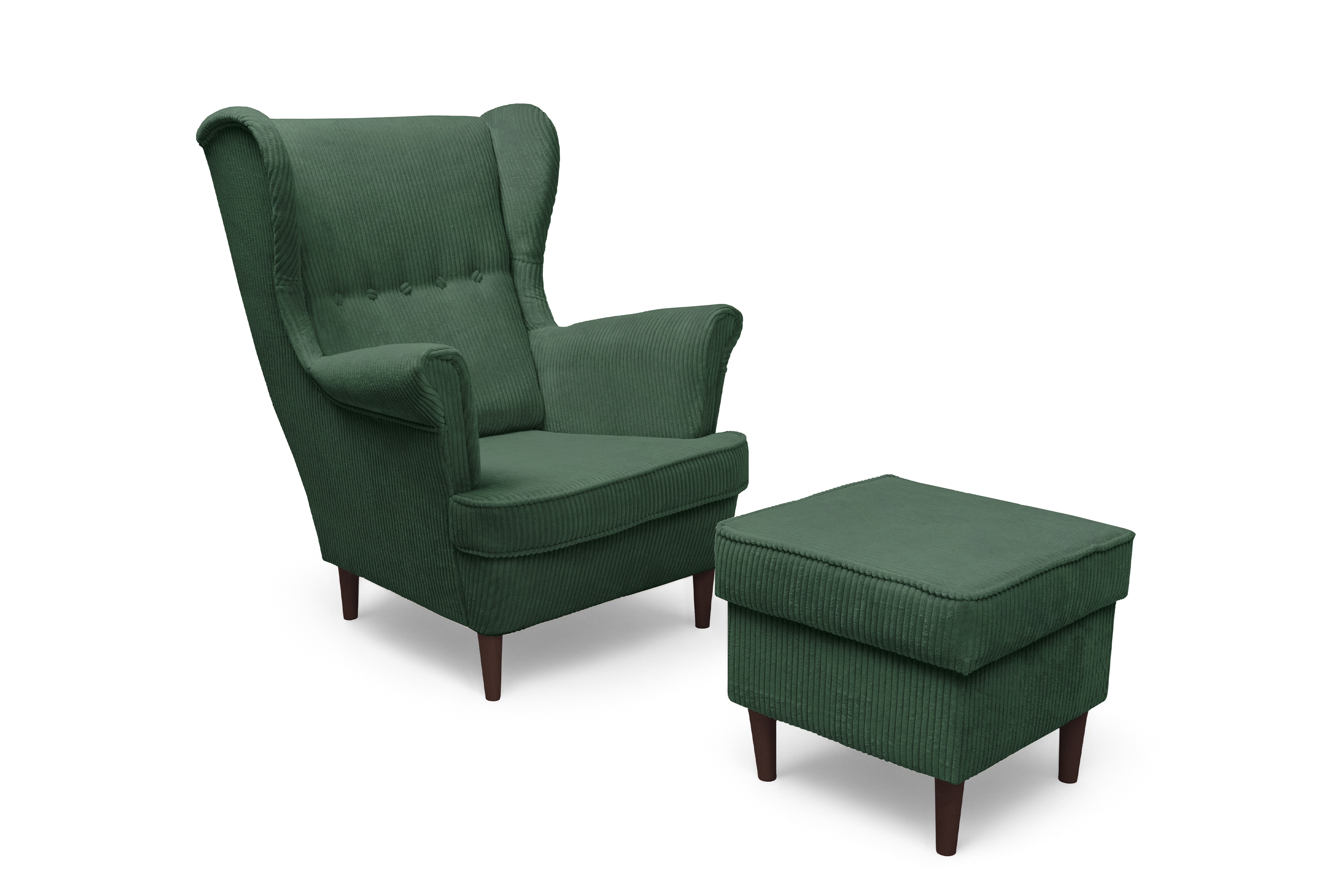 Křeslo ušák Vilano s podnožkou - zelený manšestr Poso 14 / nohy venge Křeslo Ušák Vilano z podnozkiem - Zelený manšestr Poso 14 / Nohy Venge 