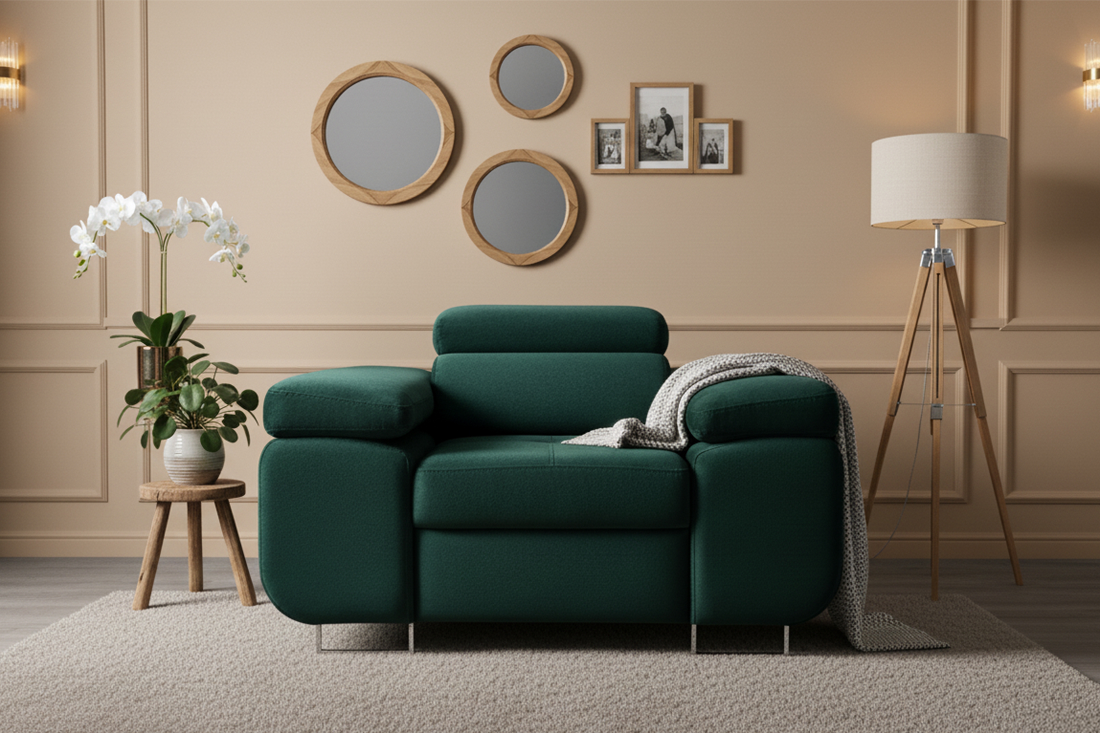 Relaxačné kreslo Annabelle s nastaviteľnou opierkou hlavy - zelený zamat Kronos 19 Kreslo odpočinkové Annabelle z regulowanym zaglowkiem - Zelený zamat Kronos 19