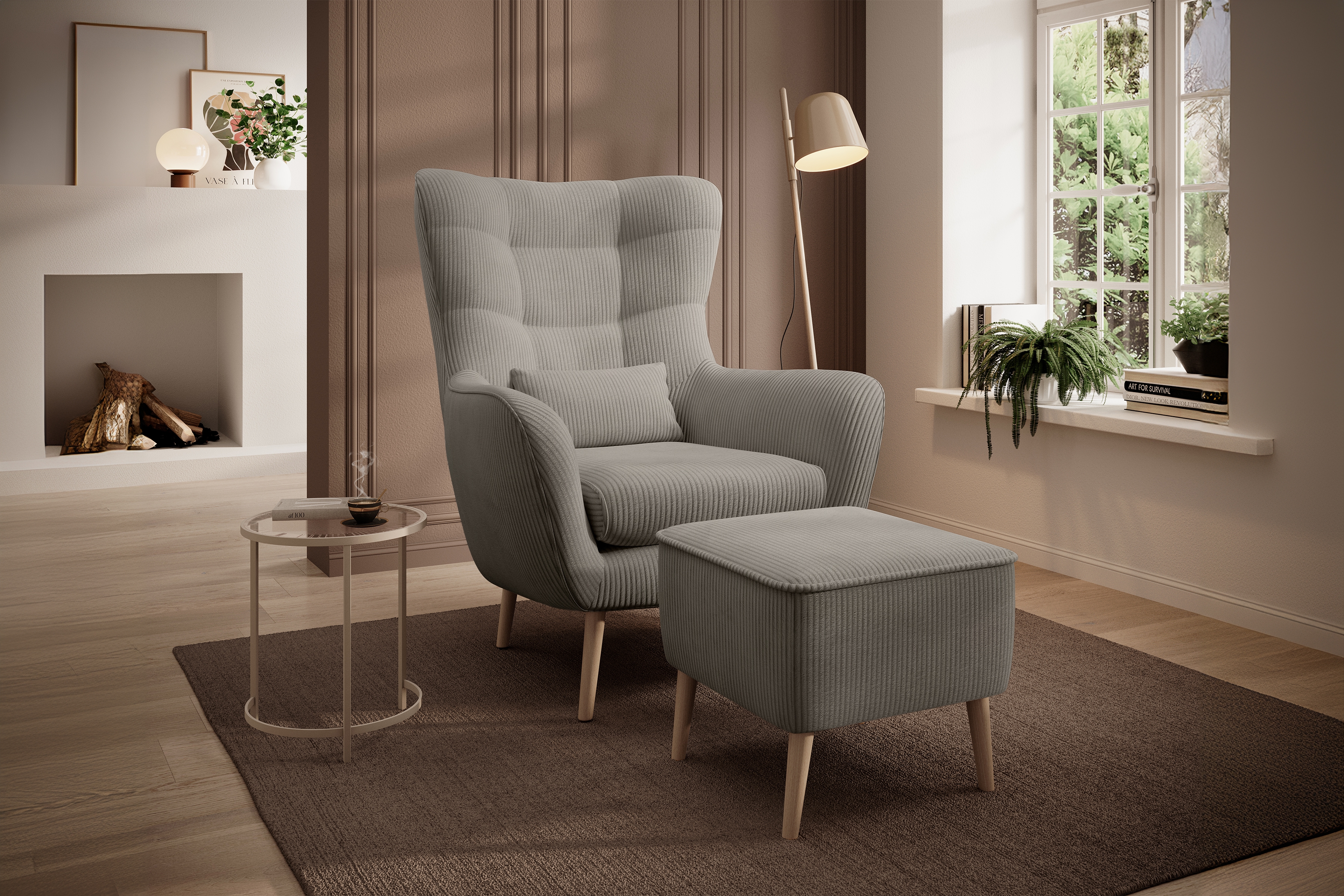 Relaxační křeslo Dylian s podnožkou - béžový manšestr Poso 02 / nohy buk Křeslo čalouněná Dylian z podnozkiem - béžová manšestr Poso 02 / Nohy buk