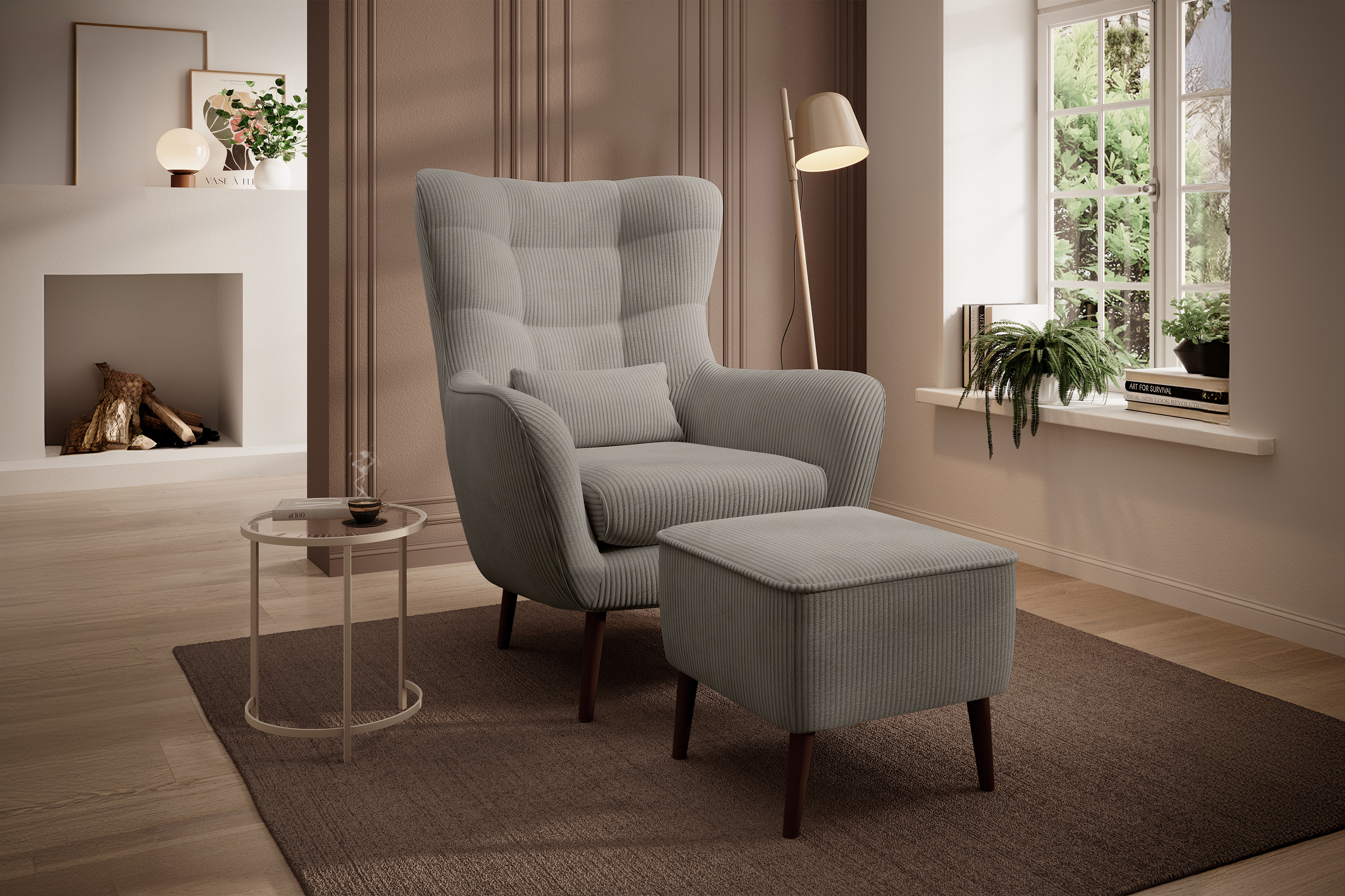 Relaxační křeslo Dylian s podnožkou - béžový manšestr Poso 02 / nohy venge Křeslo čalouněná Dylian z podnozkiem - béžová manšestr Poso 02 / Nohy wenge