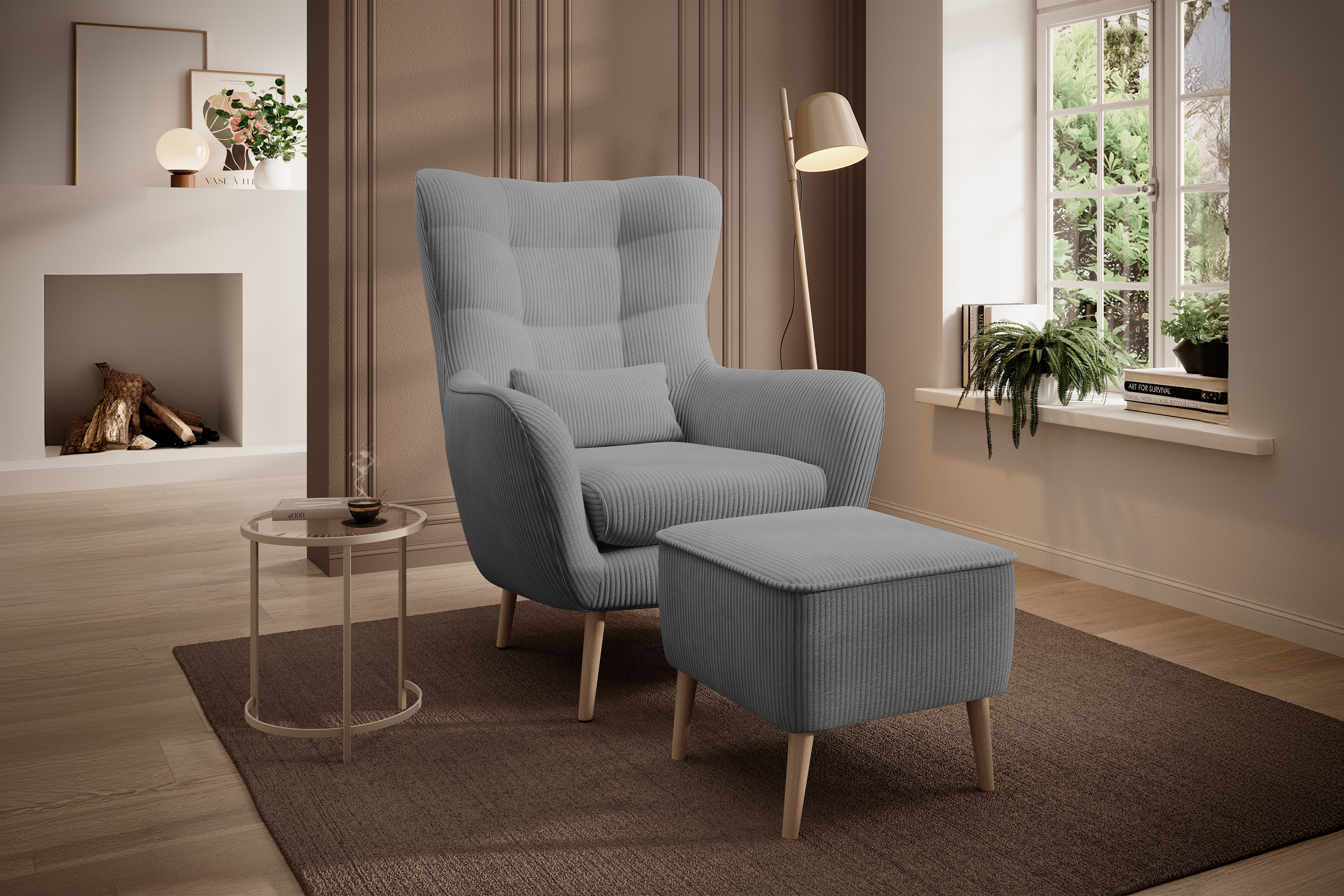 Relaxační křeslo Dylian s podnožkou - šedý manšestr Poso 55 / nohy buk Křeslo čalouněná Dylian z podnozkiem - šedá manšestr Poso 55 / Nohy buk