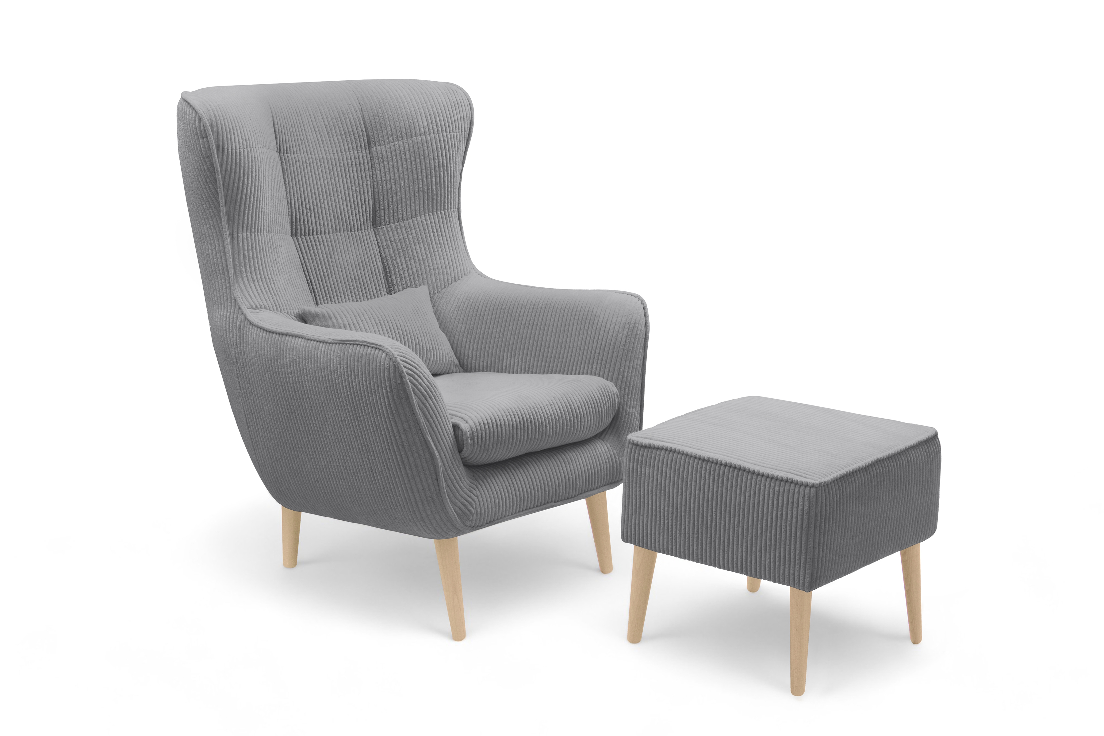 Relaxační křeslo Dylian s podnožkou - šedý manšestr Poso 55 / nohy buk Křeslo odpočinkové Dylian z podnozkiem - šedý manšestr Poso 55 / Nohy buk