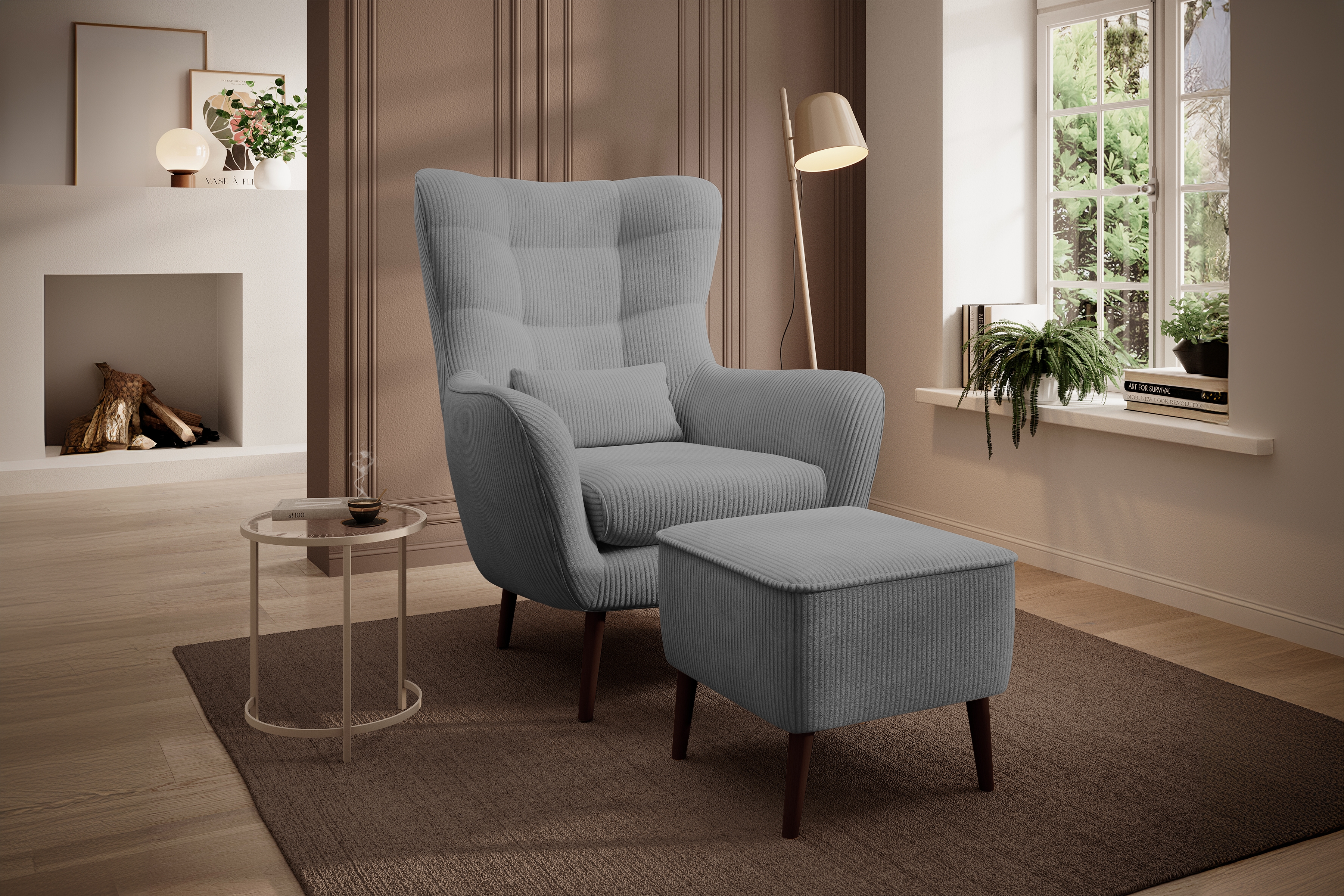 Relaxační křeslo Dylian s podnožkou - šedý manšestr Poso 55 / nohy venge Křeslo čalouněná Dylian z podnozkiem - šedá manšestr Poso 55 / Nohy wenge