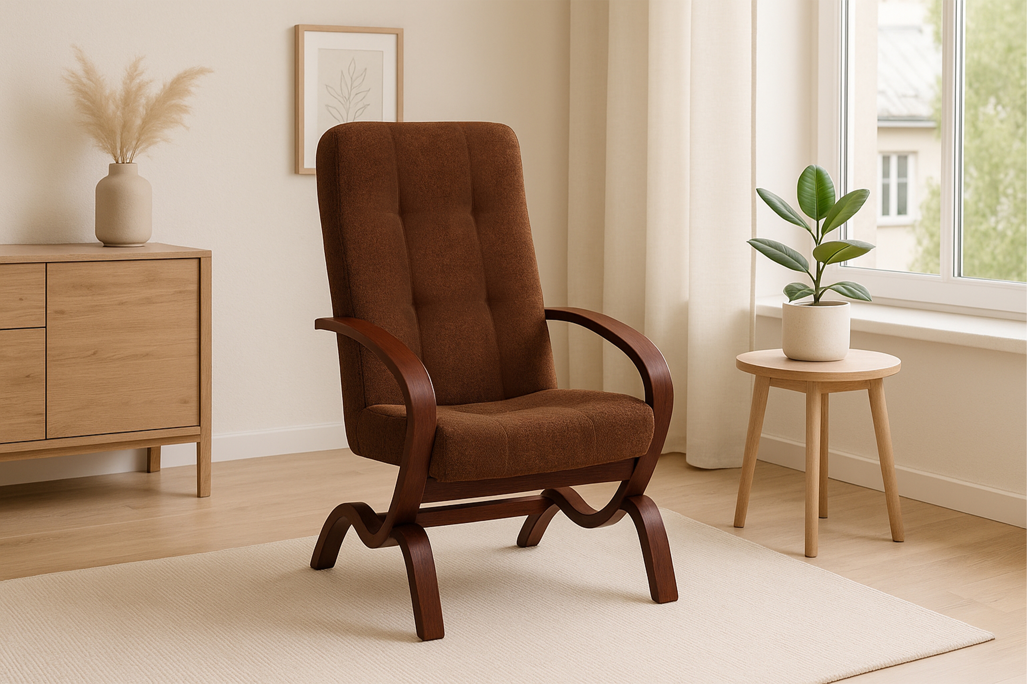 Oddychové kreslo Inka V - hnedý výplet Rosario 472 / tmavý jabloň Kreslo odpočinkové Inka V - Hnedá plecionka Rosario 472 / tmavá Jabloň