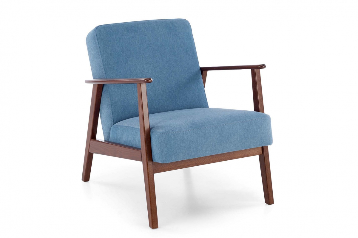 Čalouněné křeslo Milano 1S - modrý samet Castel 74 / nožky tmavý ořech Křeslo čalouněná Milano 1S - modrá samet Castel 74 / tmavý ořech