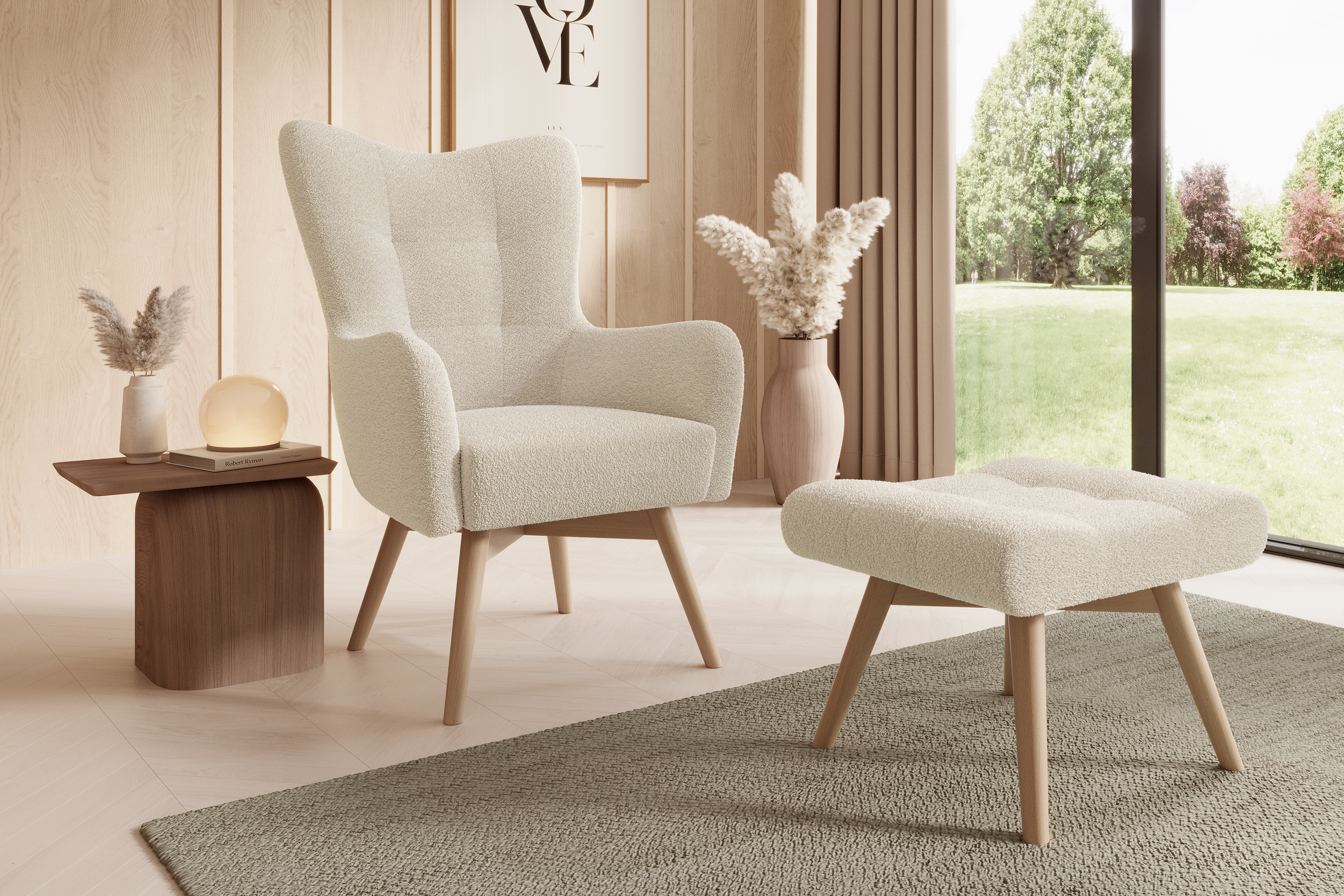 Kreslo z podnozkiem Ušiak Škandinávsky Nordic - Béžová boucle Lambi 8 / buk Kreslo z podnozkiem Ušiak Škandinávsky Nordic - Béžová boucle Lambi 8 / buk