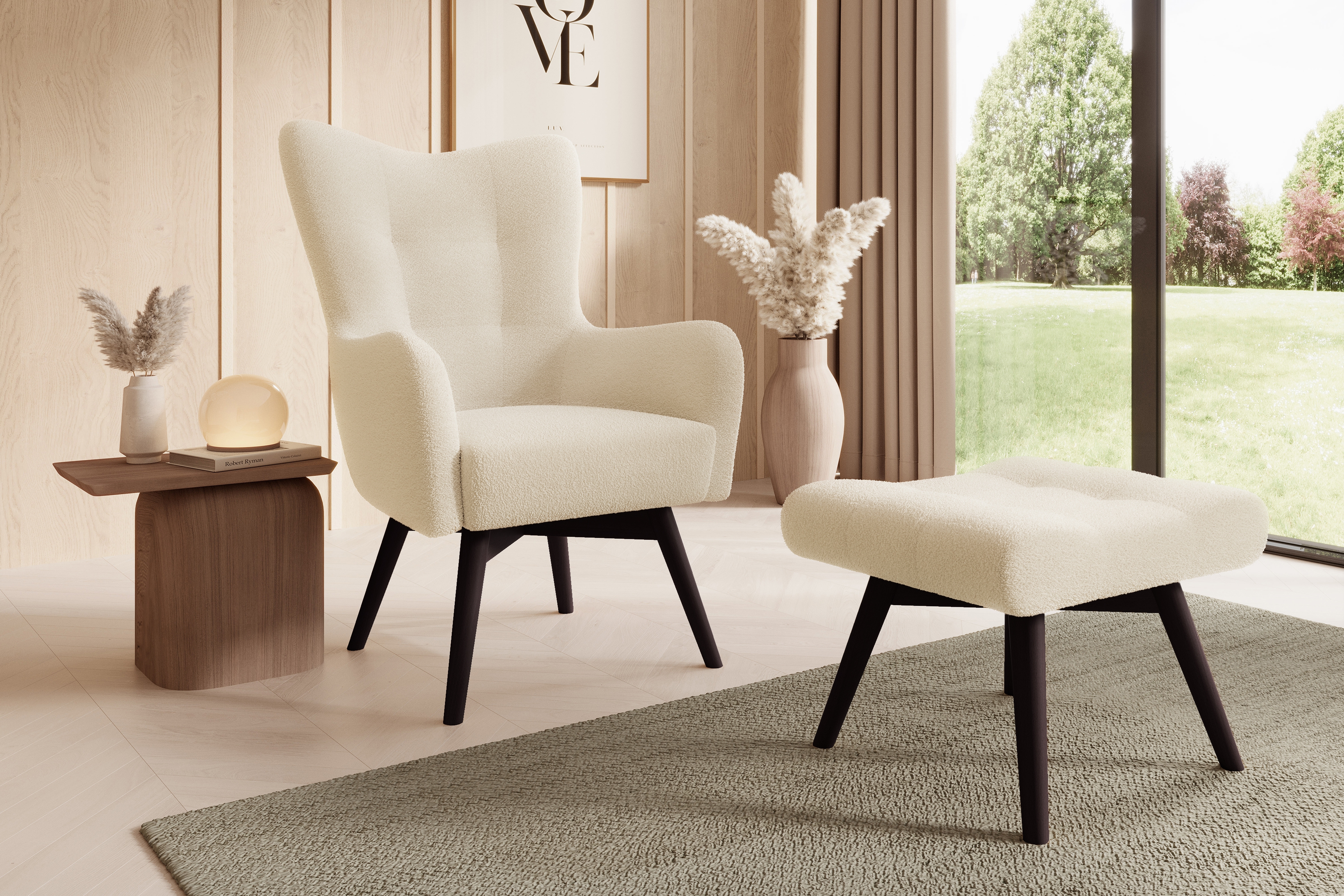 Kreslo z podnozkiem Ušiak Škandinávsky Nordic - Béžová boucle Lambi 8 / Venge  Kreslo z podnozkiem Ušiak Škandinávsky Nordic - Béžová boucle Lambi 8 / Venge 