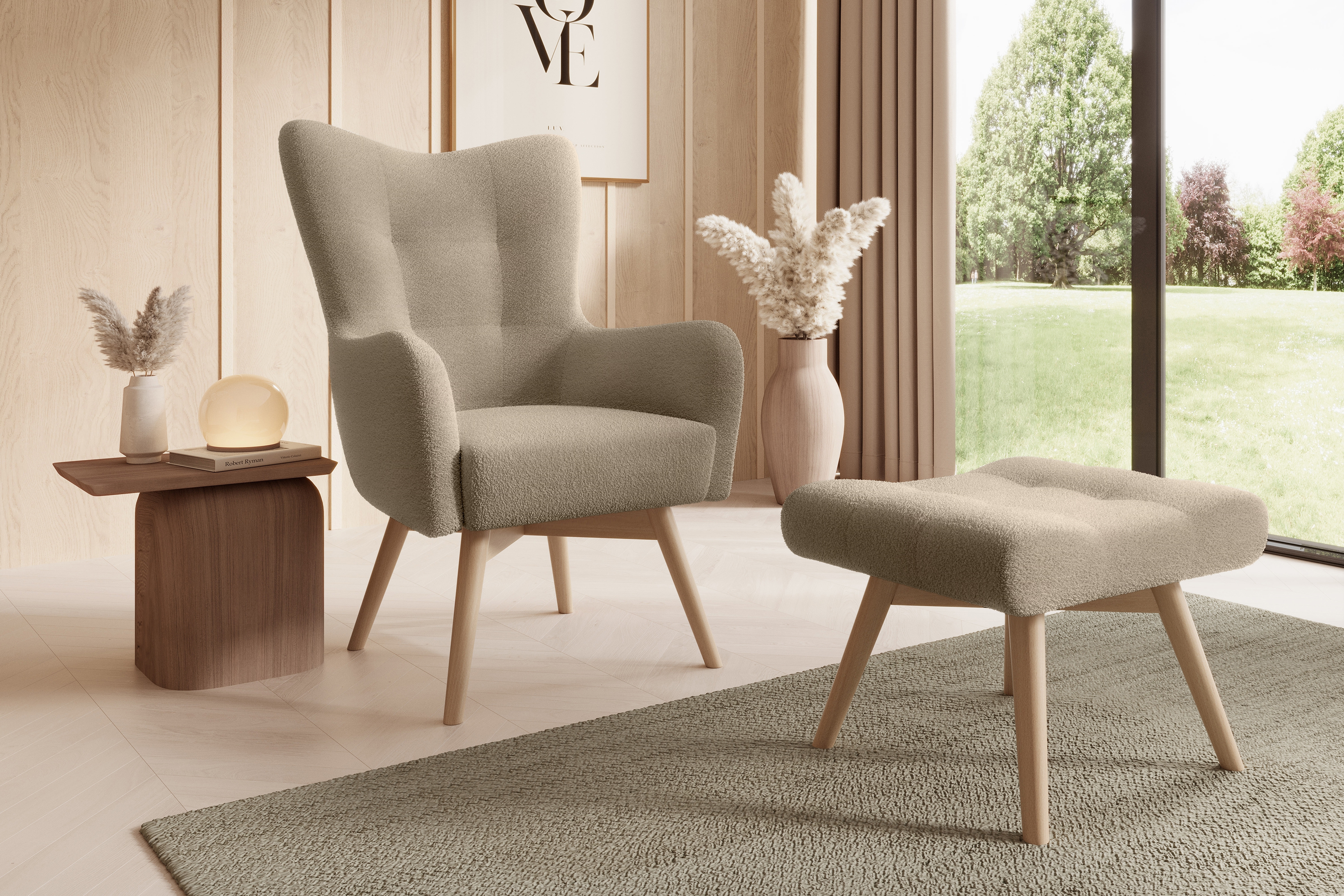 Kreslo z podnozkiem Ušiak Škandinávsky Nordic - ciemno Béžová boucle Lambi 6 / buk Kreslo z podnozkiem Ušiak Škandinávsky Nordic - ciemno Béžová boucle Lambi 6 / buk