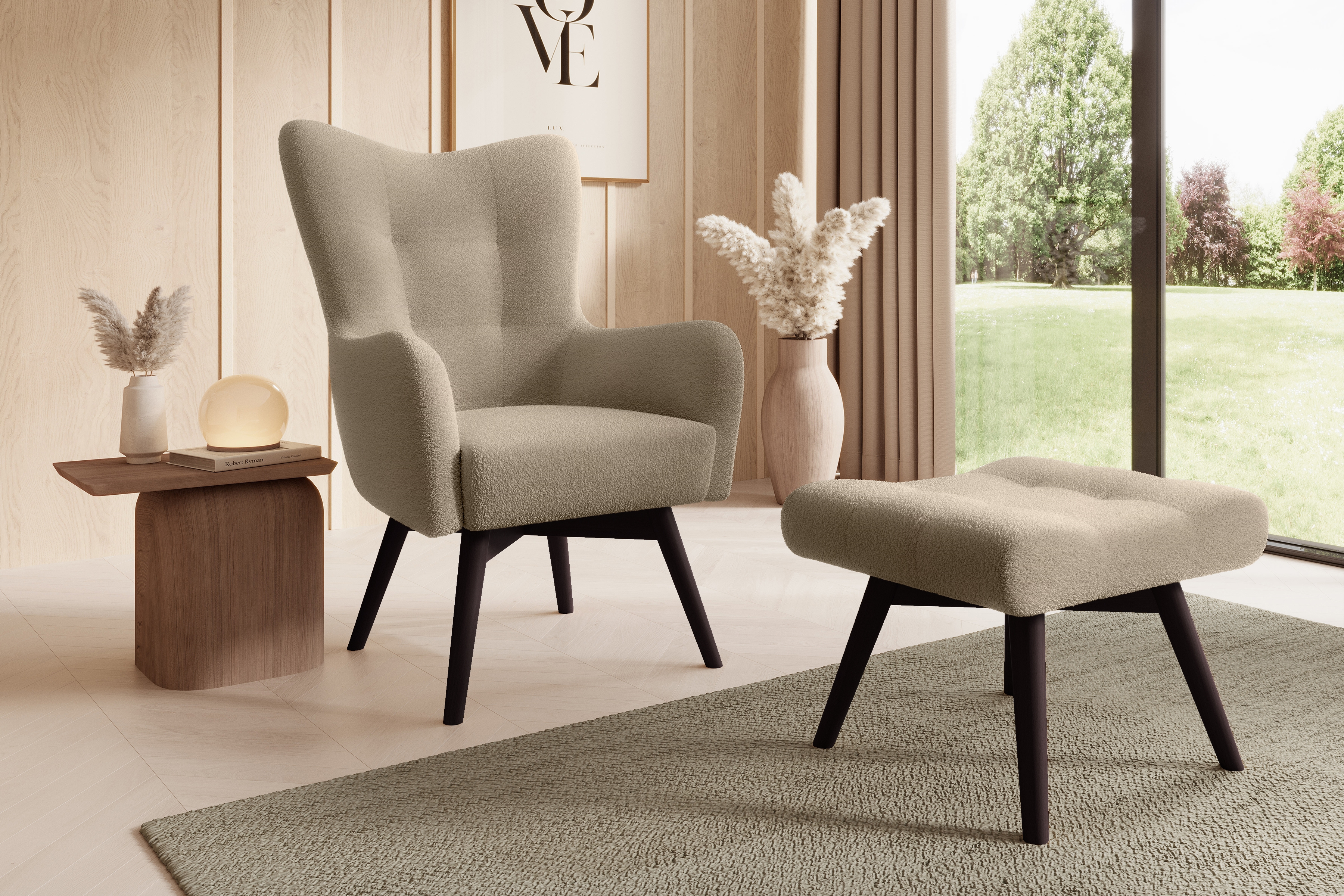 Kreslo z podnozkiem Ušiak Škandinávsky Nordic - ciemno Béžová boucle Lambi 6 / Venge  Kreslo z podnozkiem Ušiak Škandinávsky Nordic - ciemno Béžová boucle Lambi 6 / Venge 