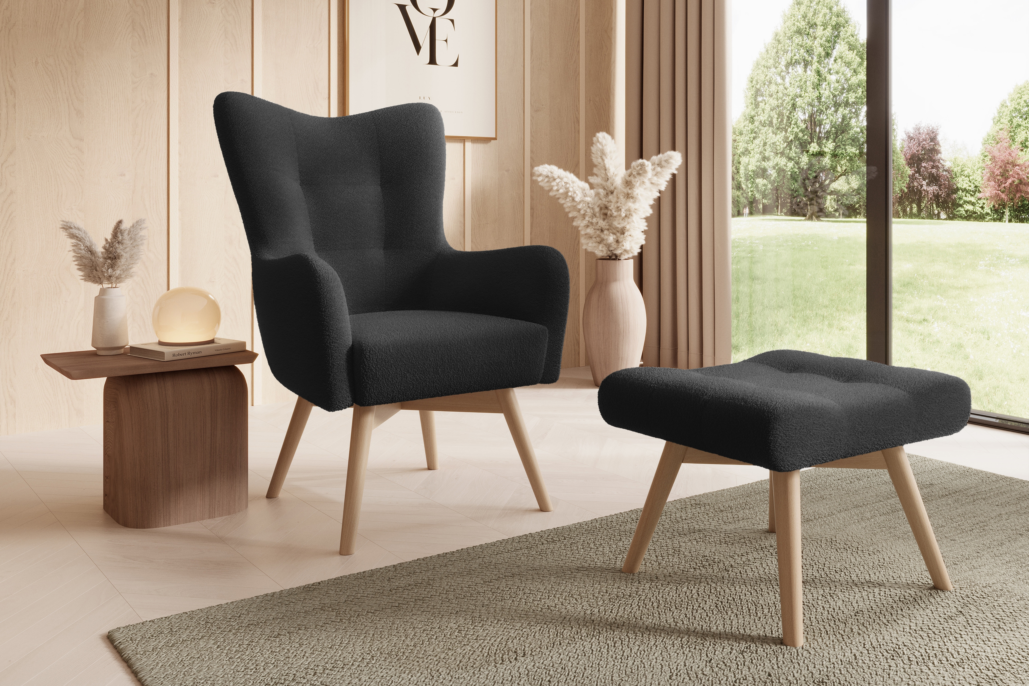 Kreslo z podnozkiem Ušiak Škandinávsky Nordic - Čierna boucle Lambi 13 / buk Kreslo z podnozkiem Ušiak Škandinávsky Nordic - Čierna boucle Lambi 13 / buk