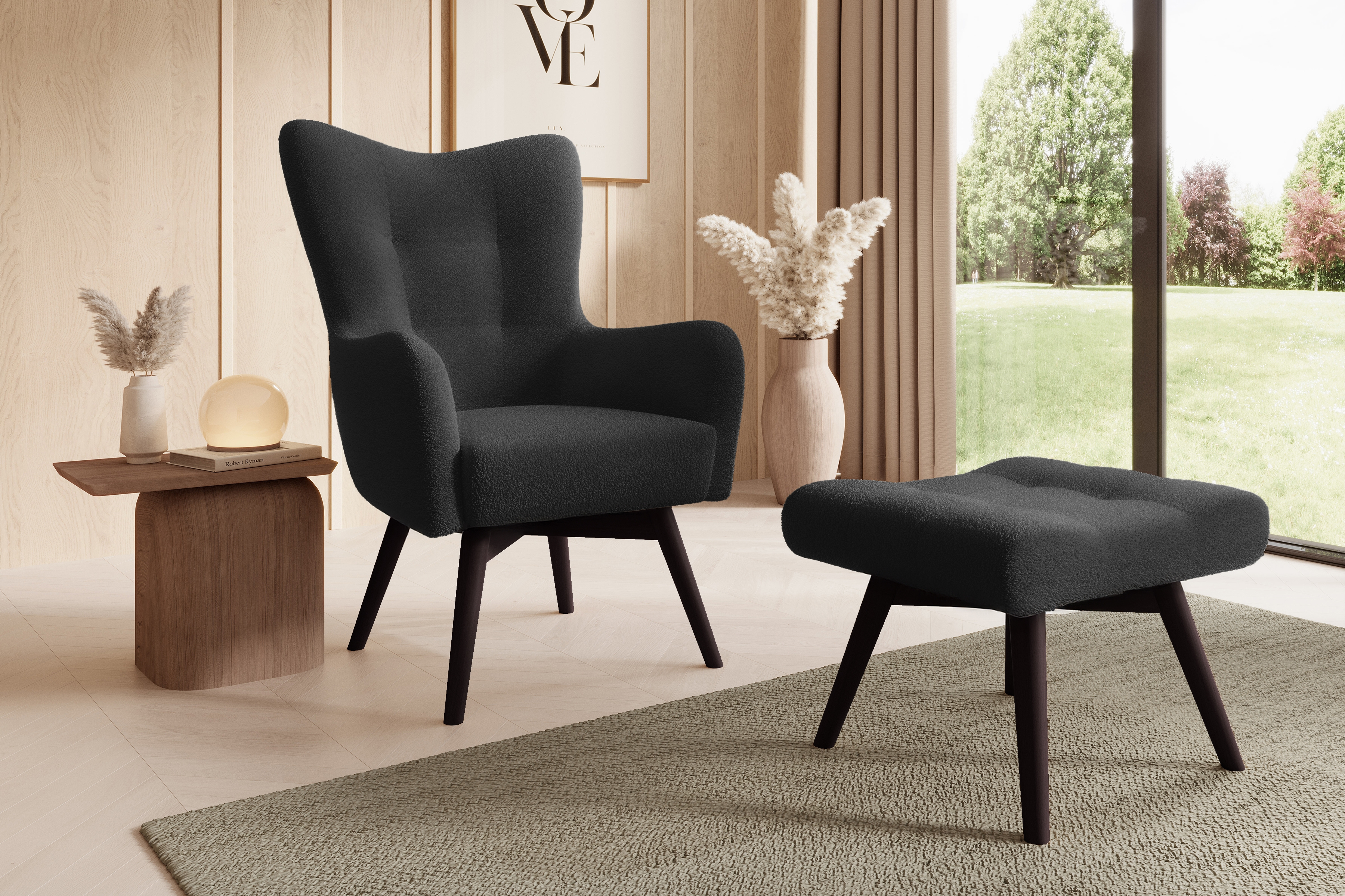 Kreslo z podnozkiem Ušiak Škandinávsky Nordic - Čierna boucle Lambi 13 / Venge  Kreslo z podnozkiem Ušiak Škandinávsky Nordic - Čierna boucle Lambi 13 / Venge 