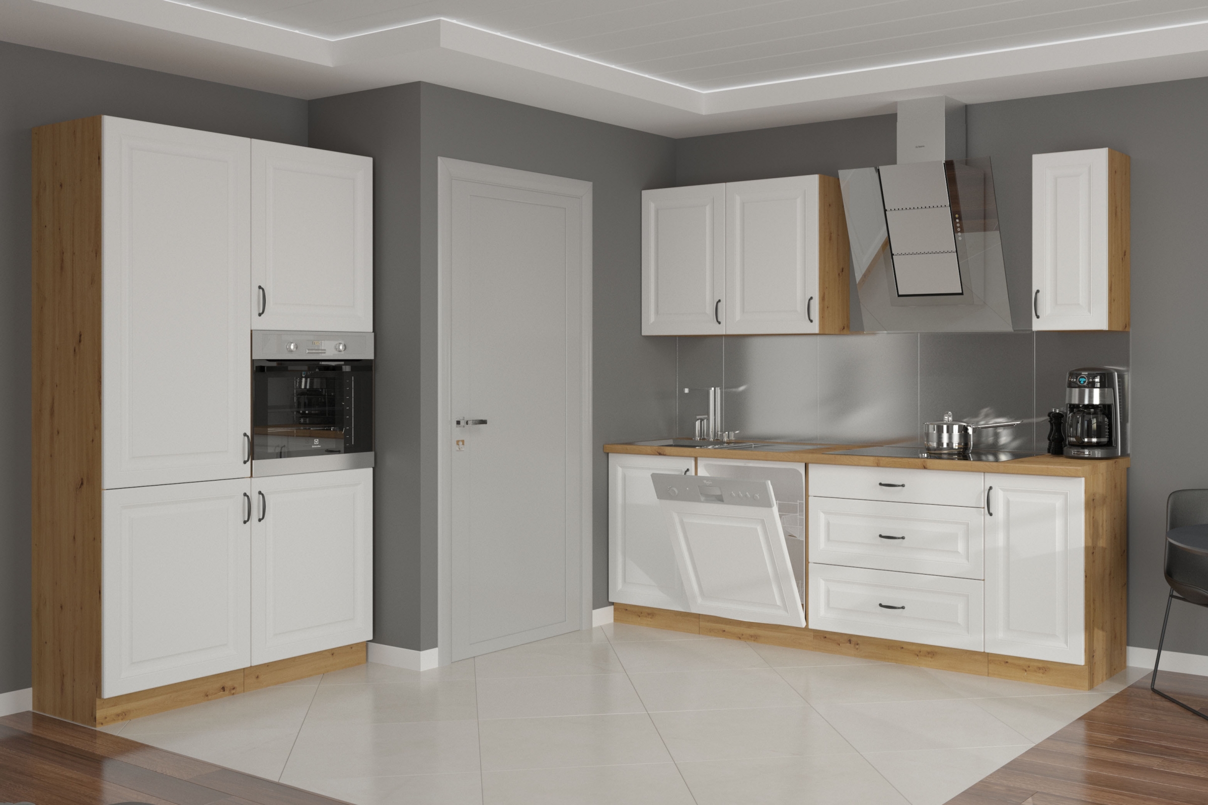 Čelní panel Estella ZM 570x596 pro myčku 60 cm s odkrytým panelem - bílý mat / dub artisan Přední část myčky nádobí 60cm Estella ZM 570x596 s odkrytým panelem - bílý mat / dub artisan