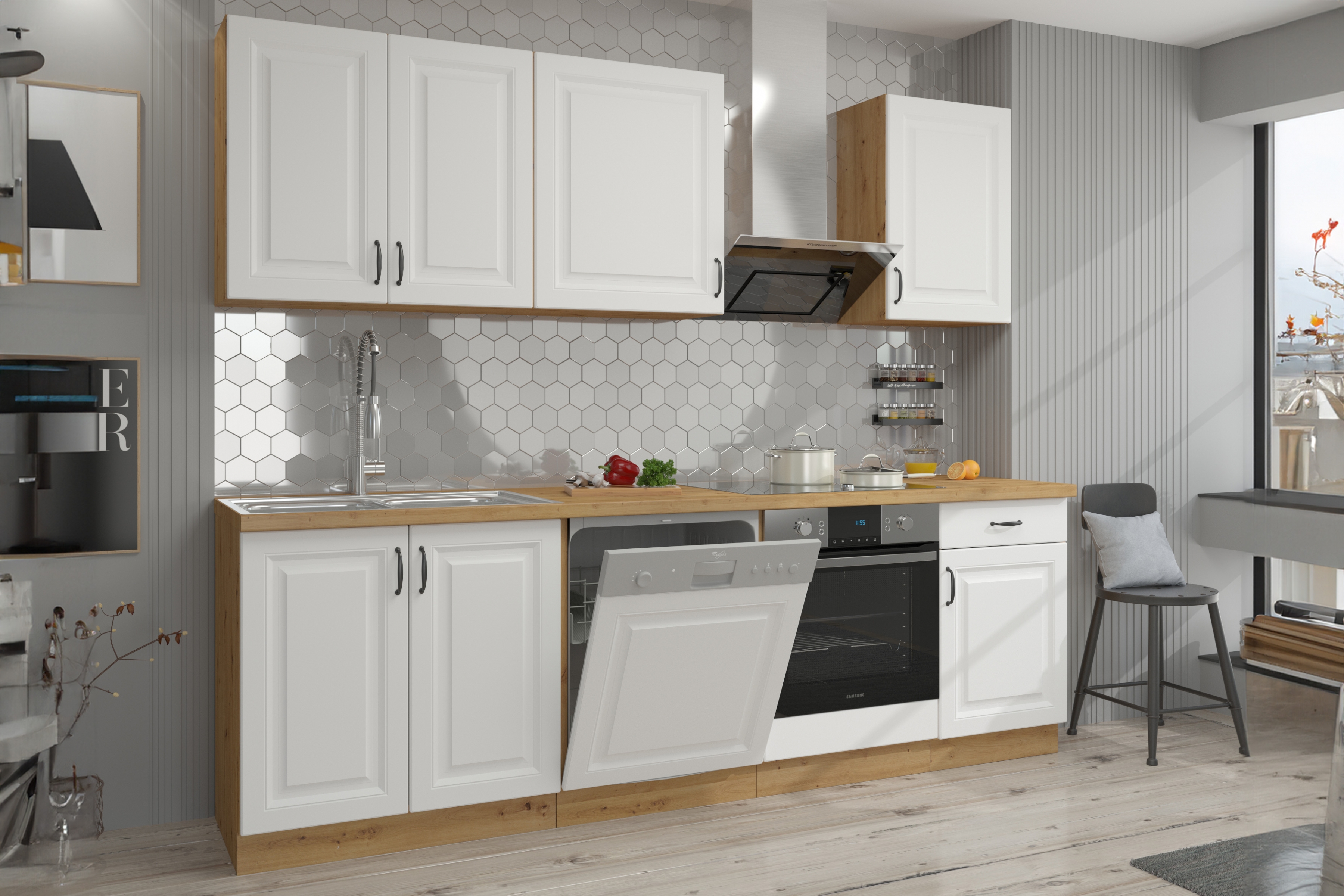 Čelní panel Estella ZM 713x596 pro myčku 60 cm se zakrytým panelem - bílý mat / dub artisan Přední část myčky nádobí 60cm Estella ZM 713x596 se skrytým panelem - bílý mat / dub artisan