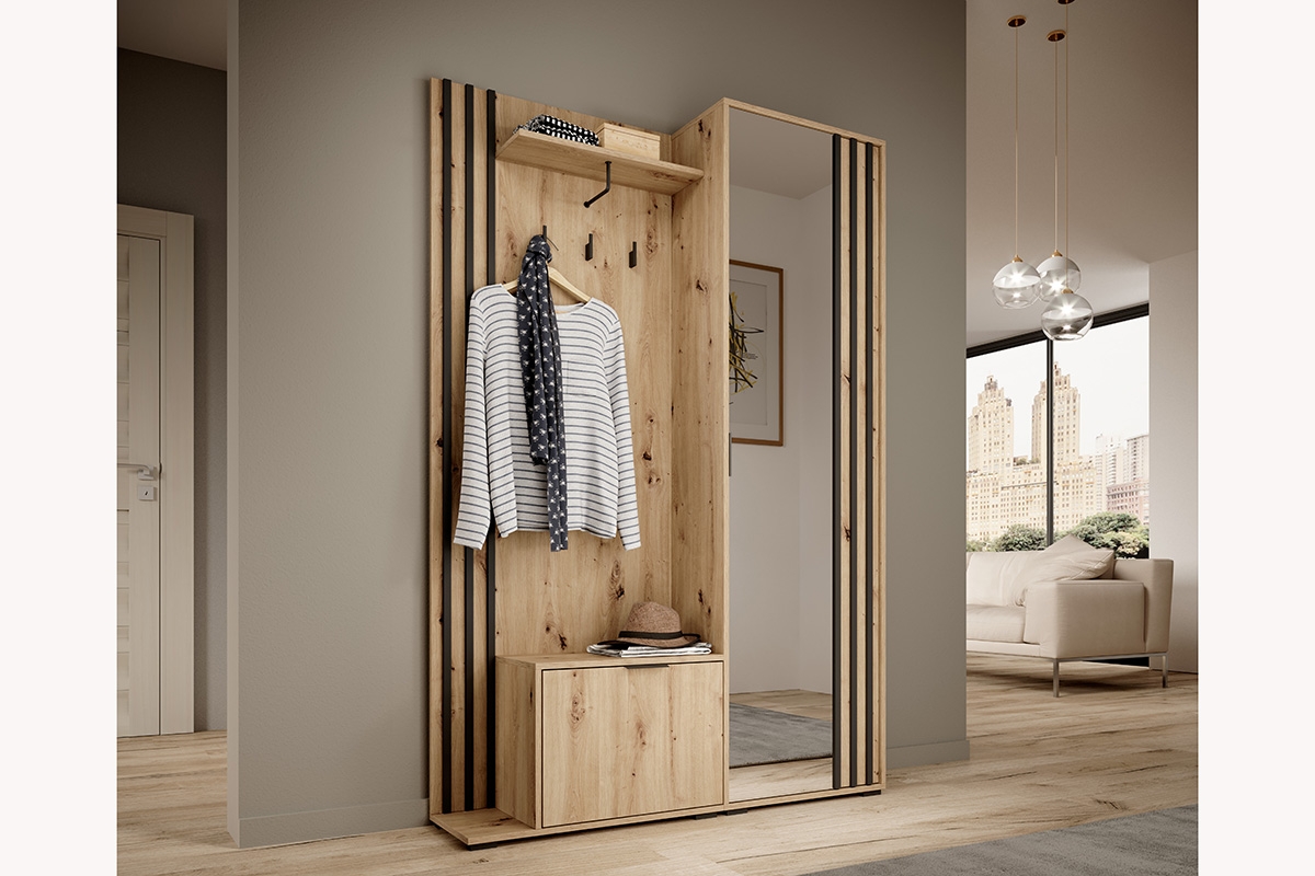 Predsieňová zostava Neria - dub artisan / čierna šatník z lamelami