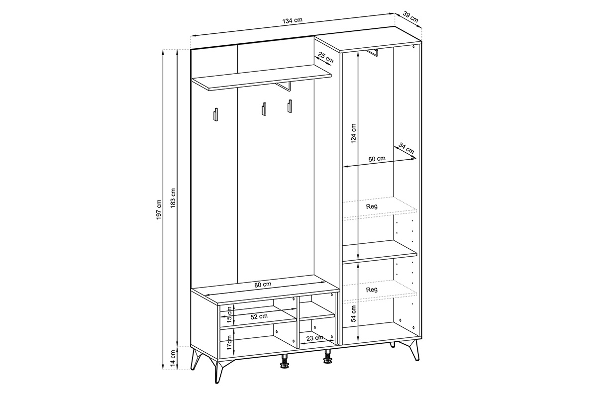 Predsieňová zostava Sewana - dub evoke / čierna šatník do predsienie Sewana - Dub evoke / Čierny - Rozmery