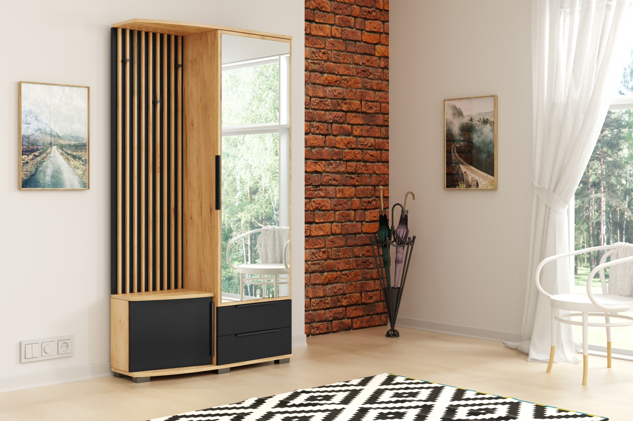 šatník Farenta z zrkadlom 100 cm Pravostranná - craft/Čierny šatník Farenta z zrkadlom 100 cm - craft/Čierny