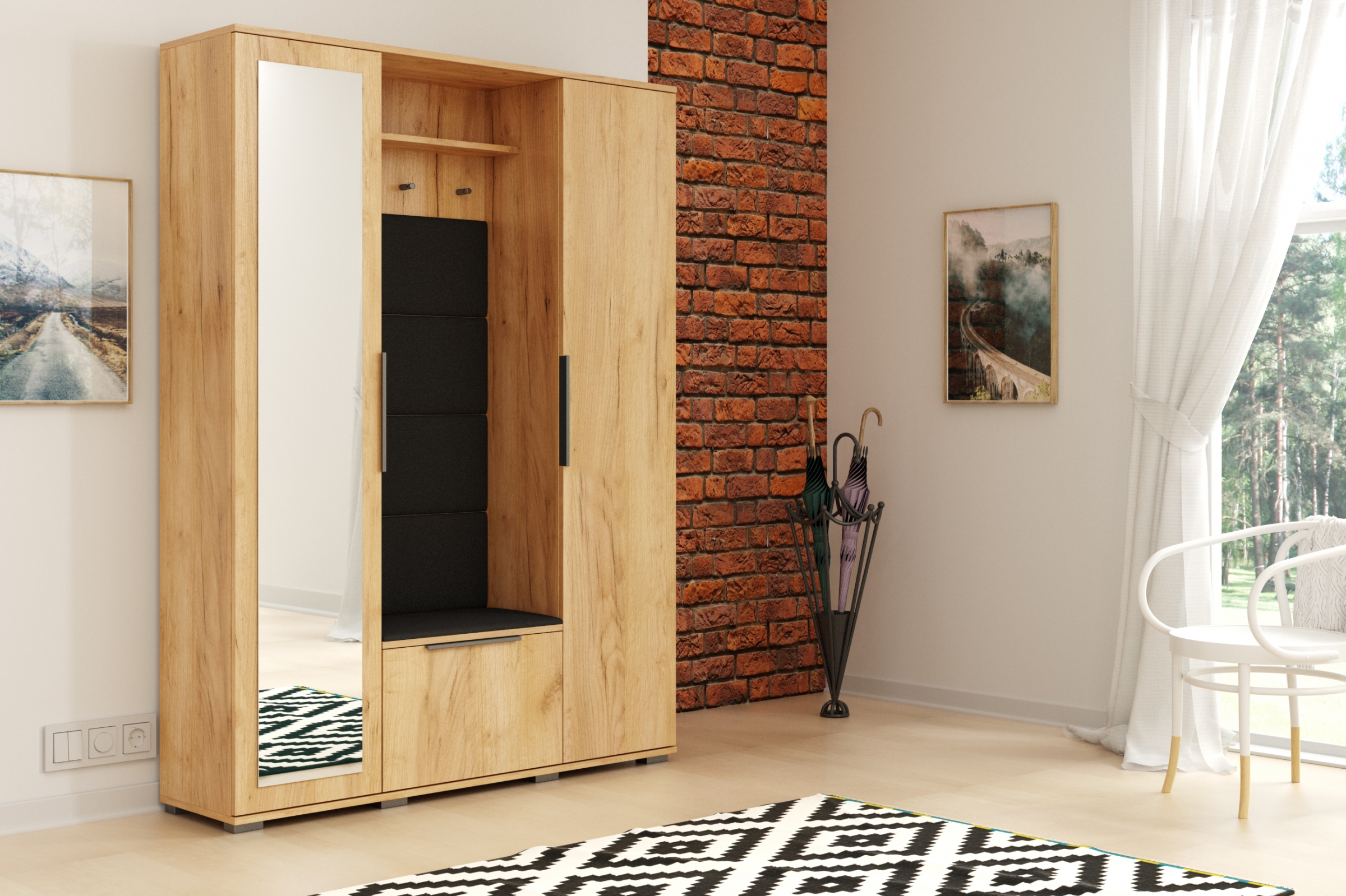 Šatní skříň Lemio 120 cm levá s čalouněným sedákem - dub craft / černá šatník Lemio s čalouněným sedákem 120 cm - craft/černá