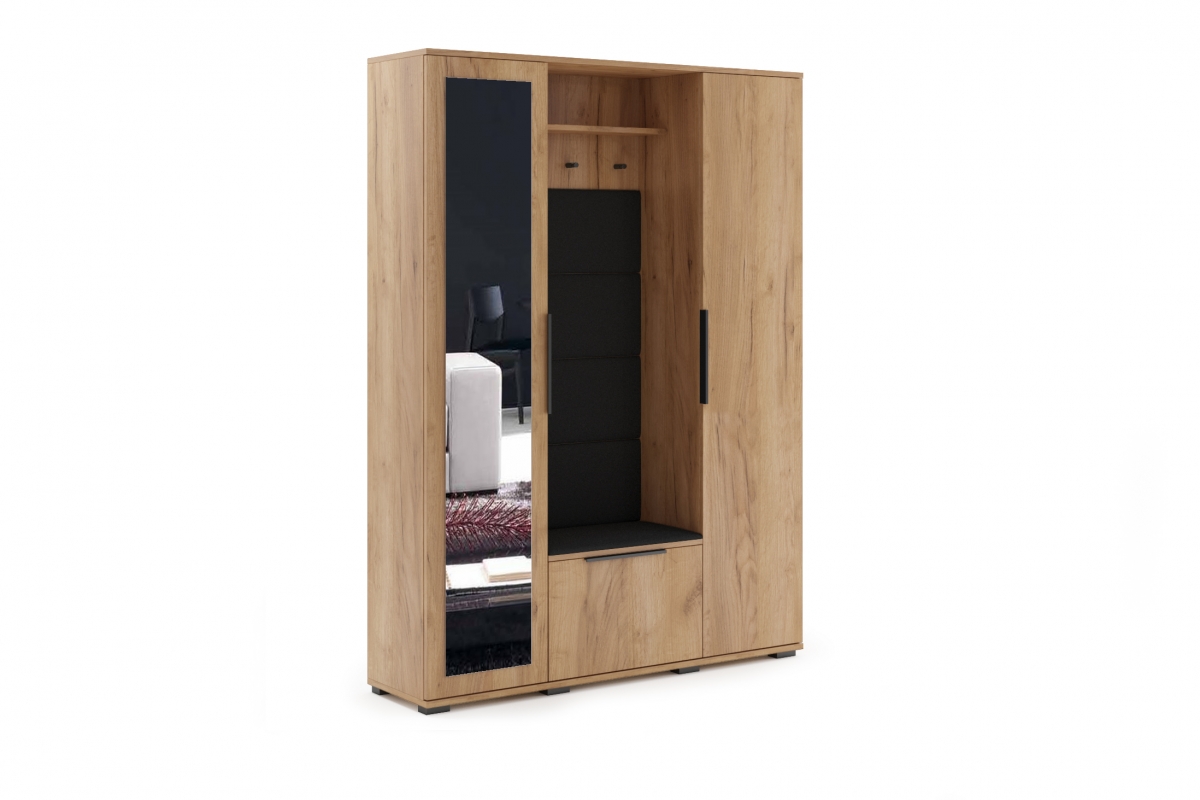 Šatní skříň Lemio 120 cm levá s čalouněným sedákem - dub craft / černá šatník Lemio s čalouněným sedákem 120 cm - craft/černá