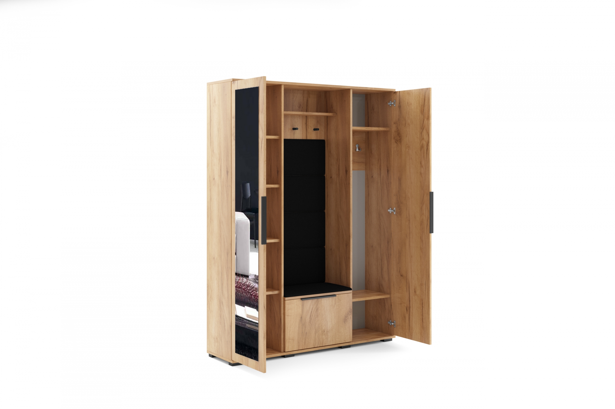 Šatní skříň Lemio 120 cm levá s čalouněným sedákem - dub craft / černá šatník Lemio s čalouněným sedákem 120 cm - craft/černá