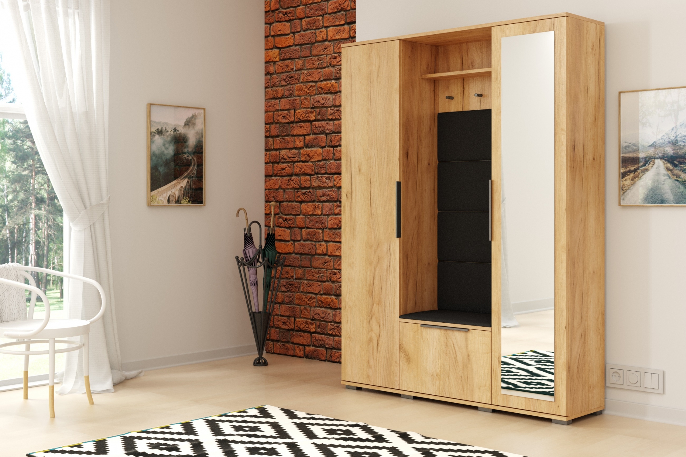 Šatní skříň Lemio 120 cm pravá s čalouněným sedákem - dub craft / černá šatník Lemio s čalouněným sedákem pravá 120 cm - craft/černá