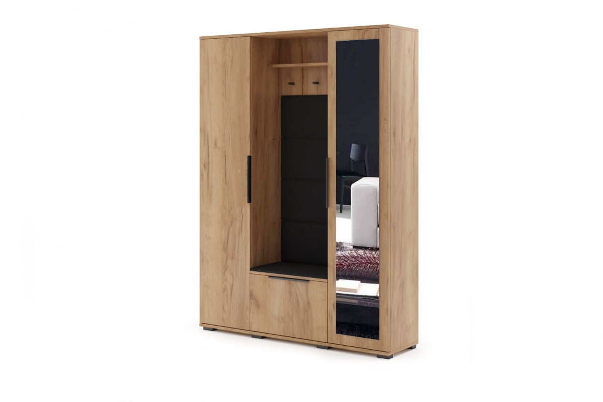 Šatní skříň Lemio 120 cm pravá s čalouněným sedákem - dub craft / černá šatník Lemio s čalouněným sedákem pravá 120 cm - craft/černá