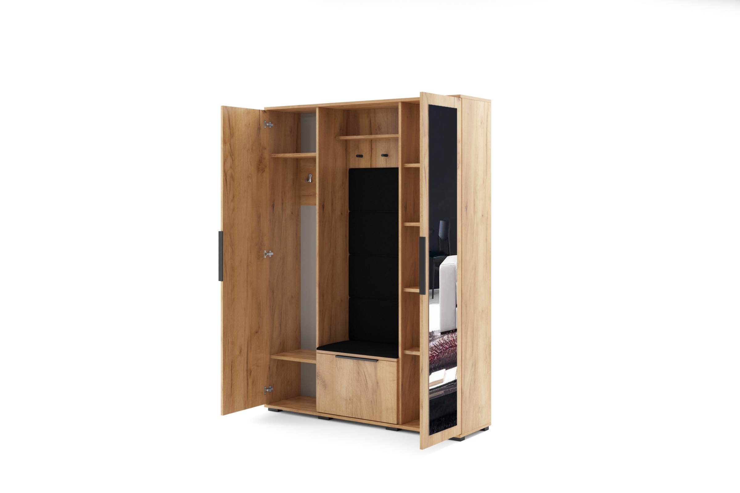 Šatní skříň Lemio 120 cm pravá s čalouněným sedákem - dub craft / černá šatník Lemio s čalouněným sedákem pravá 120 cm - craft/černá