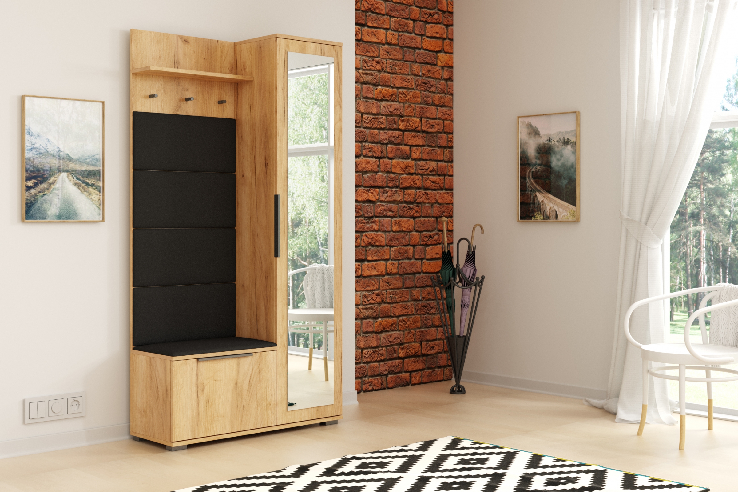 Šatní skříň Lofia 100 cm pravá s čalouněným sedákem - dub craft / černá šatník Lofia s čalouněným sedákem 100 cm - craft/černá