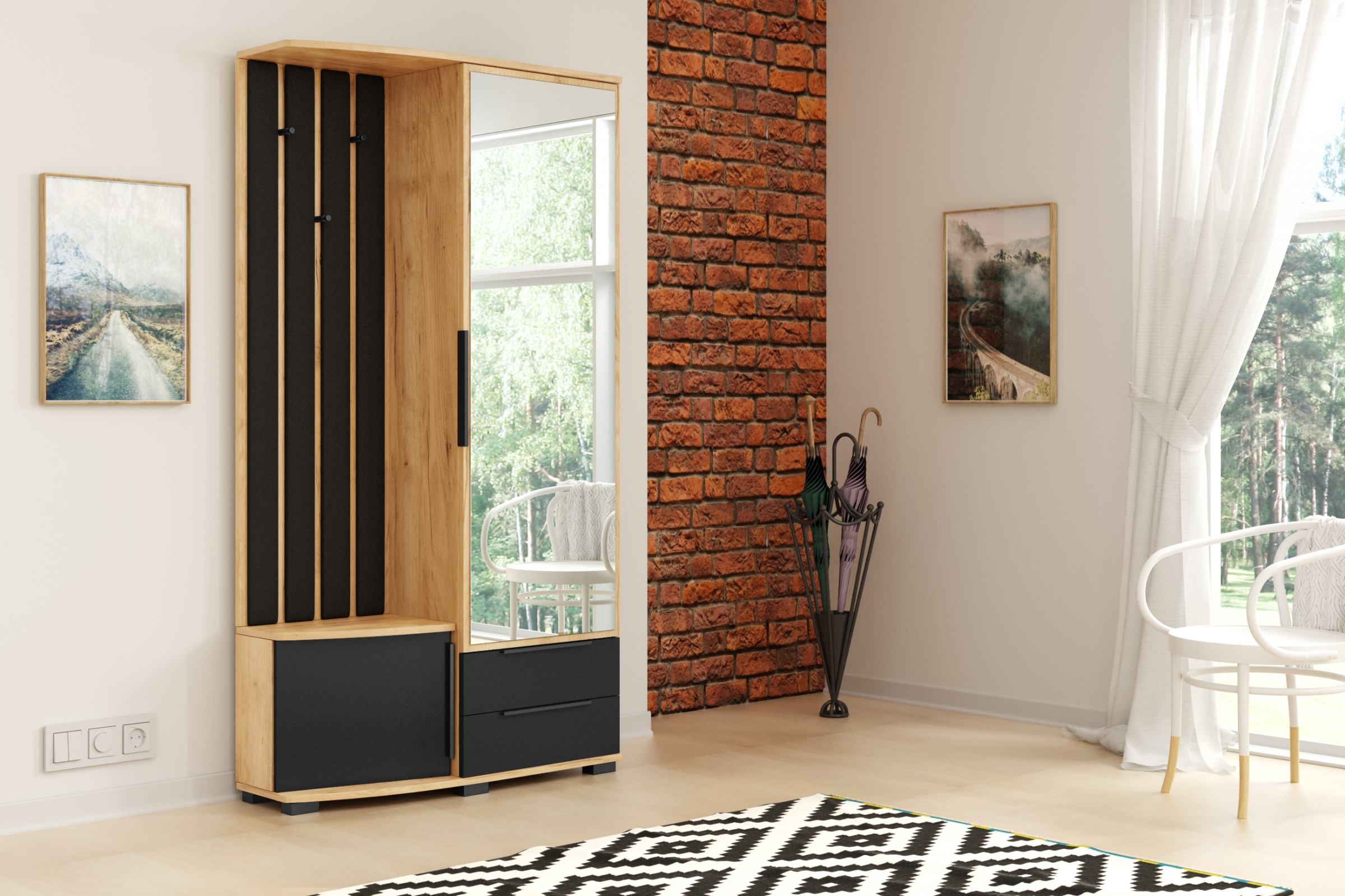 Šatní skříň Mitelia 100 cm pravá se zrcadlem - dub craft / černá šatník Mitelia z zrcadlem 100 cm - craft/černá