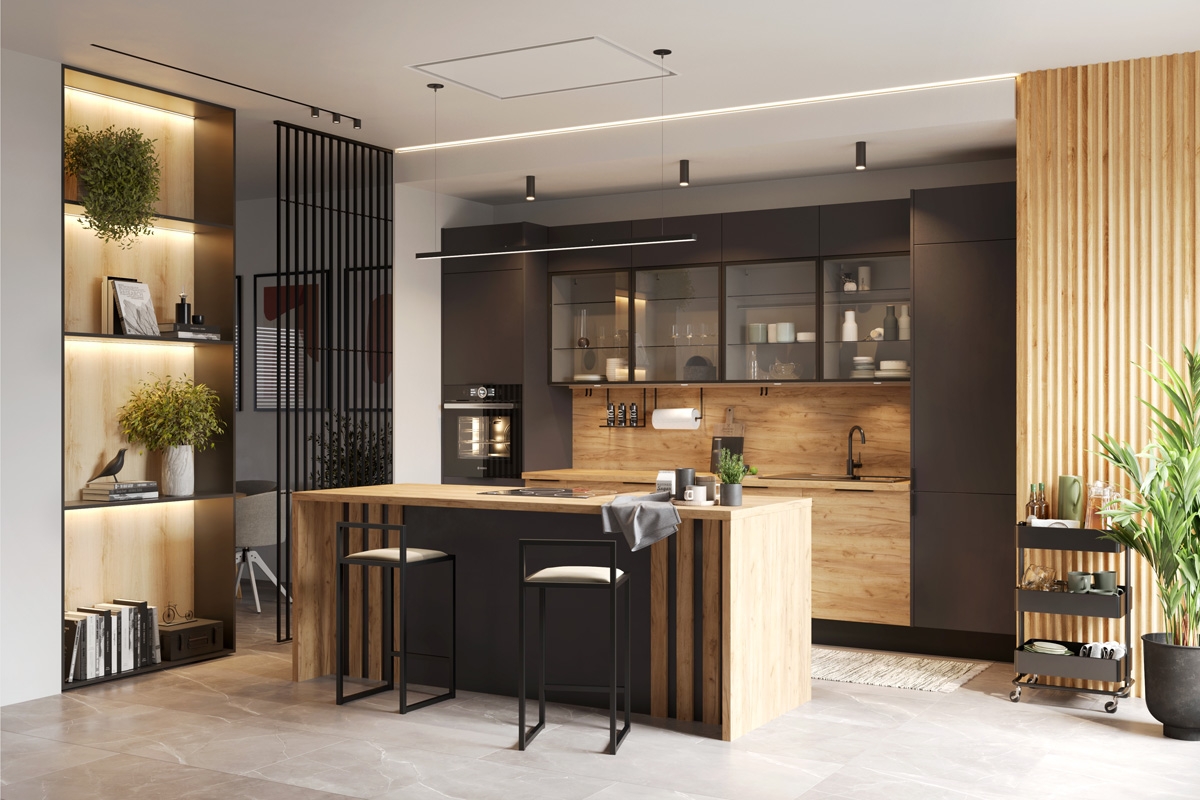 Spodní kuchyňská skříňka KAMMONO M4 DC15 s bočním košem cargo Kuchyně z szafkami szklanymi aluminiowymi Kammono 