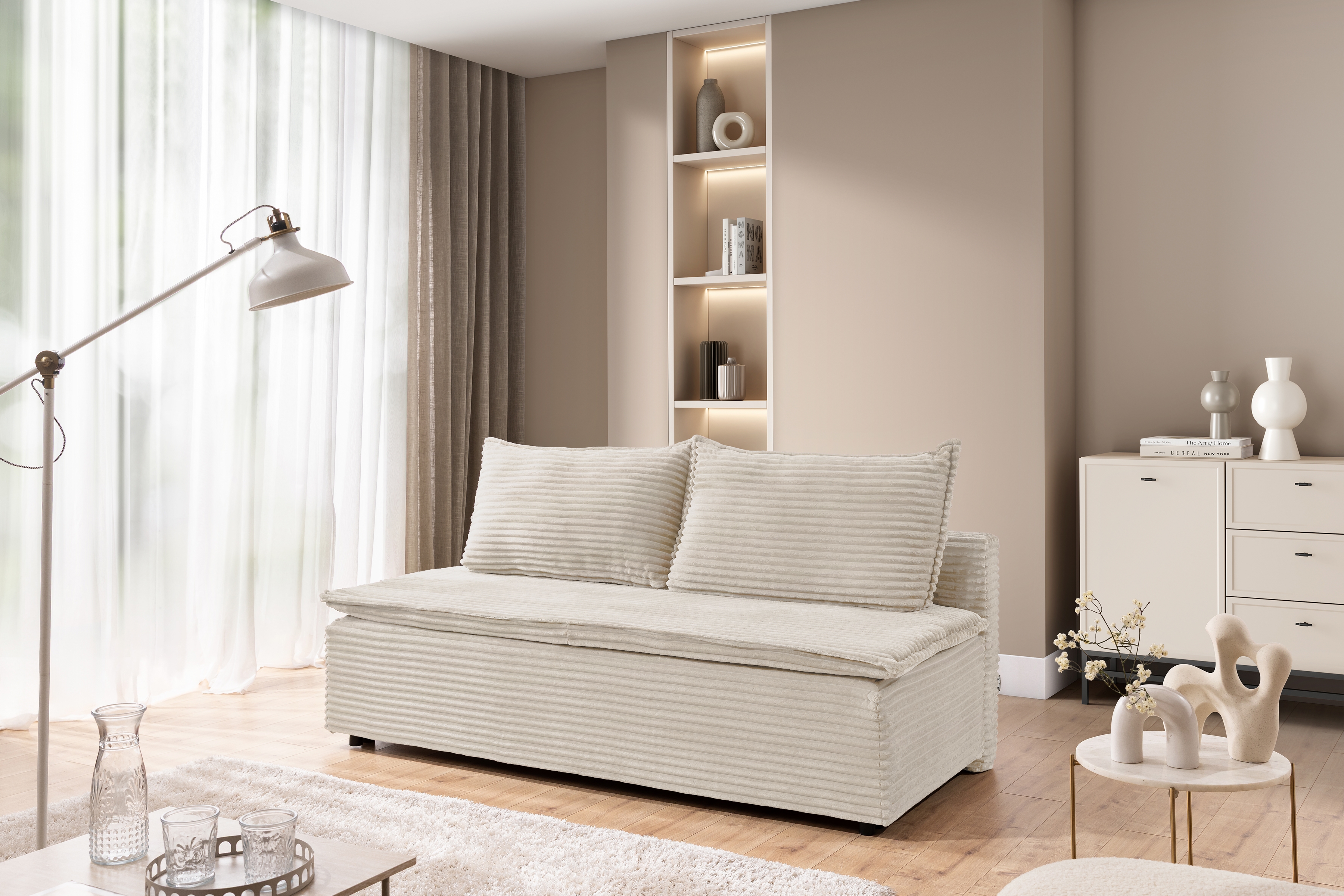 Pohovka rozkladana Firioza S vnútorným úložným priestorom- béžový plusz Tilia 03 Pohovka rozkladana Firioza S vnútorným úložným priestorom- ecru plusz Tilia 03