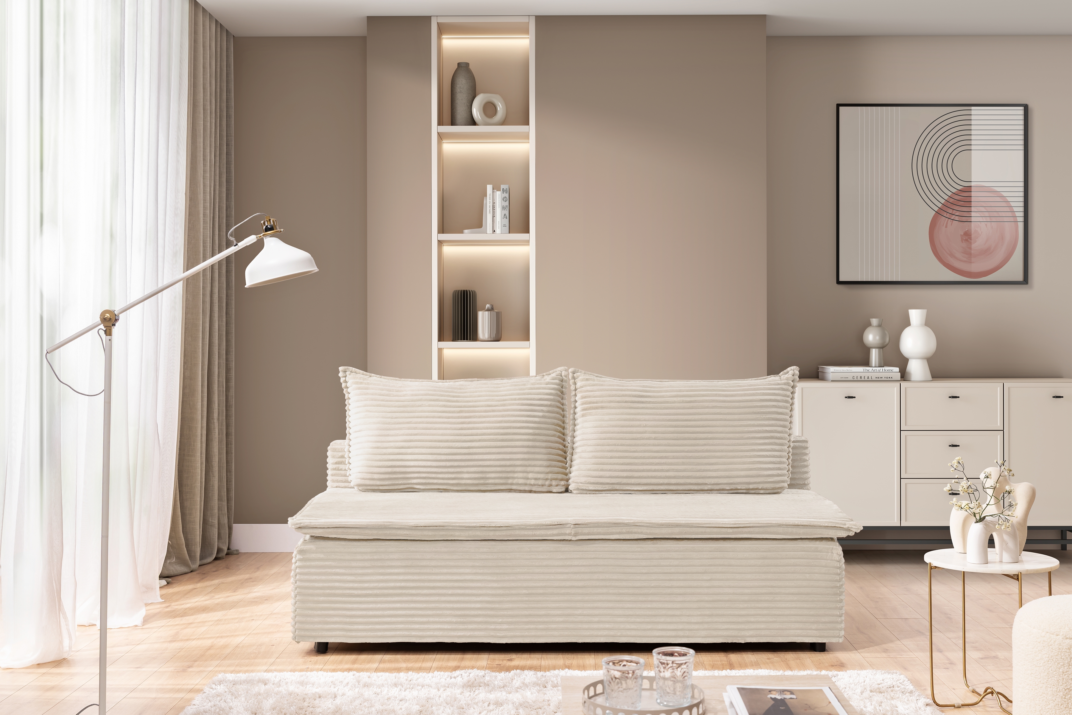 Pohovka rozkladana Firioza S vnútorným úložným priestorom- béžový plusz Tilia 03 Pohovka rozkladana Firioza S vnútorným úložným priestorom- ecru plusz Tilia 03