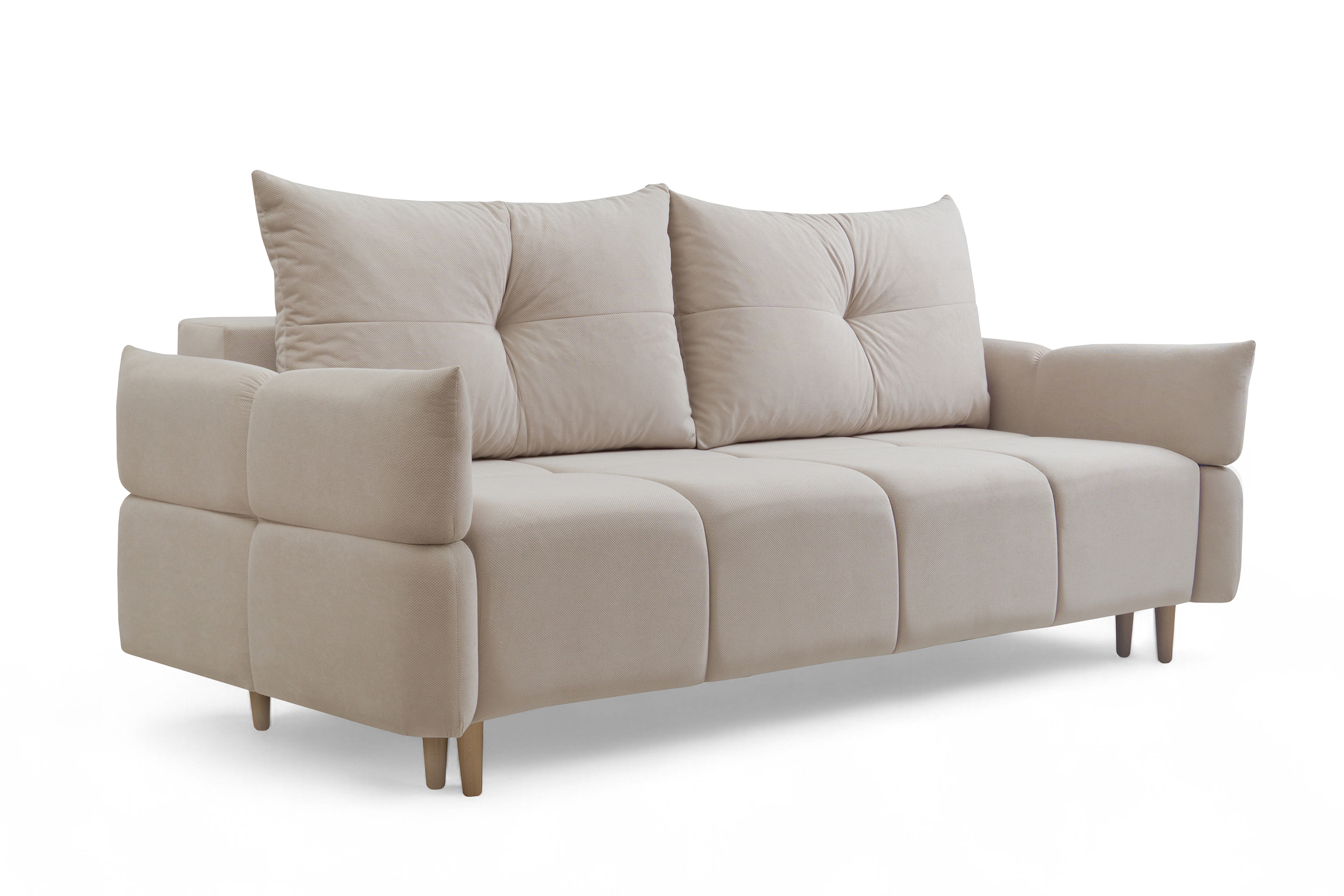 Rozkládací pohovka Fitelia s úložným prostorem - světle béžový samet Pretty 03 / nožky buk Pohovka rozkladana Fitelia s úložným prostorem- světlý béžová plusz Pretty 03 / buk 