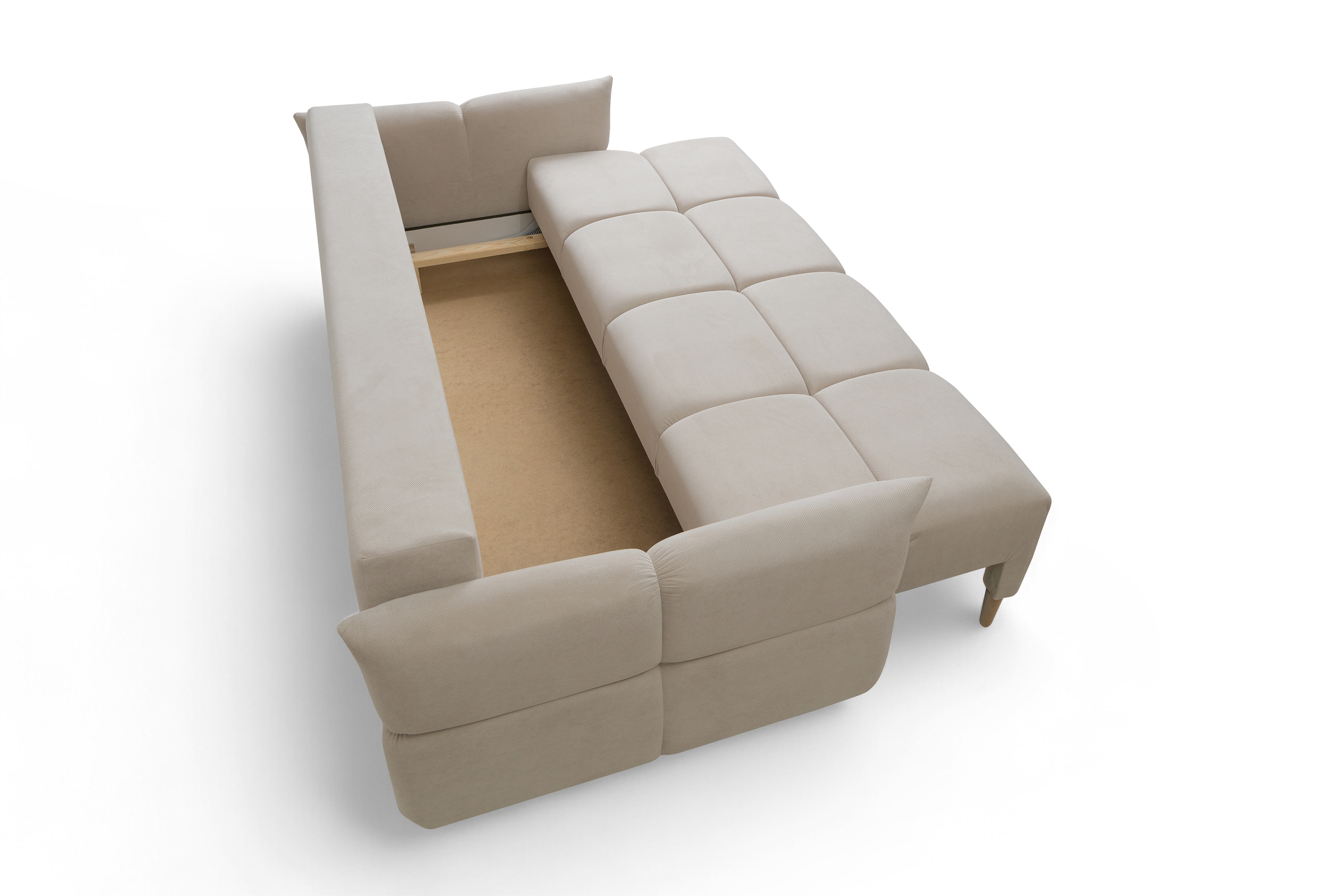 Rozkládací pohovka Fitelia s úložným prostorem - světle béžový samet Pretty 03 / nožky buk Pohovka rozkladana Fitelia s úložným prostorem- světlý béžová plusz Pretty 03 / buk 