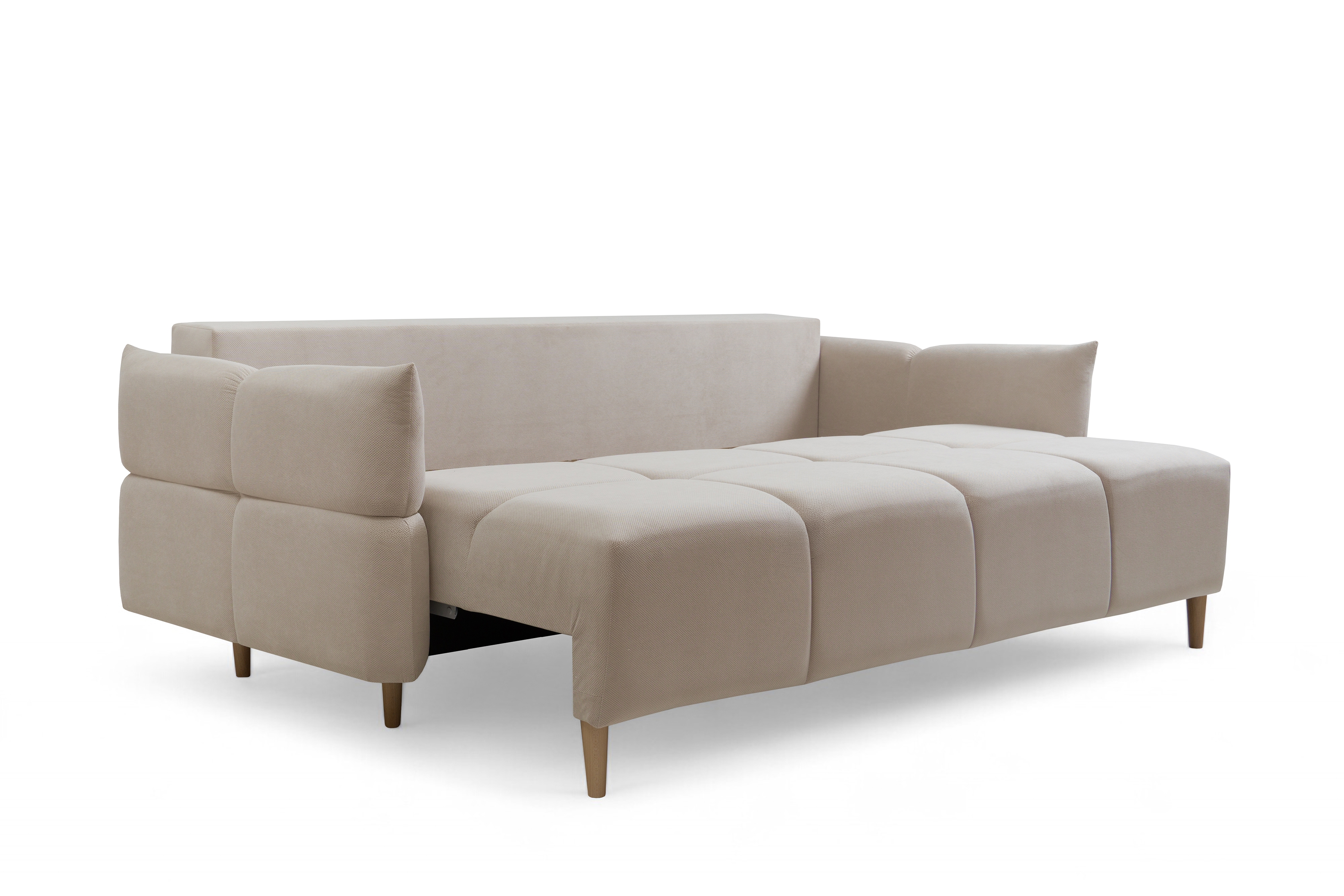 Rozkládací pohovka Fitelia s úložným prostorem - světle béžový samet Pretty 03 / nožky buk Pohovka rozkladana Fitelia s úložným prostorem- světlý béžová plusz Pretty 03 / buk 