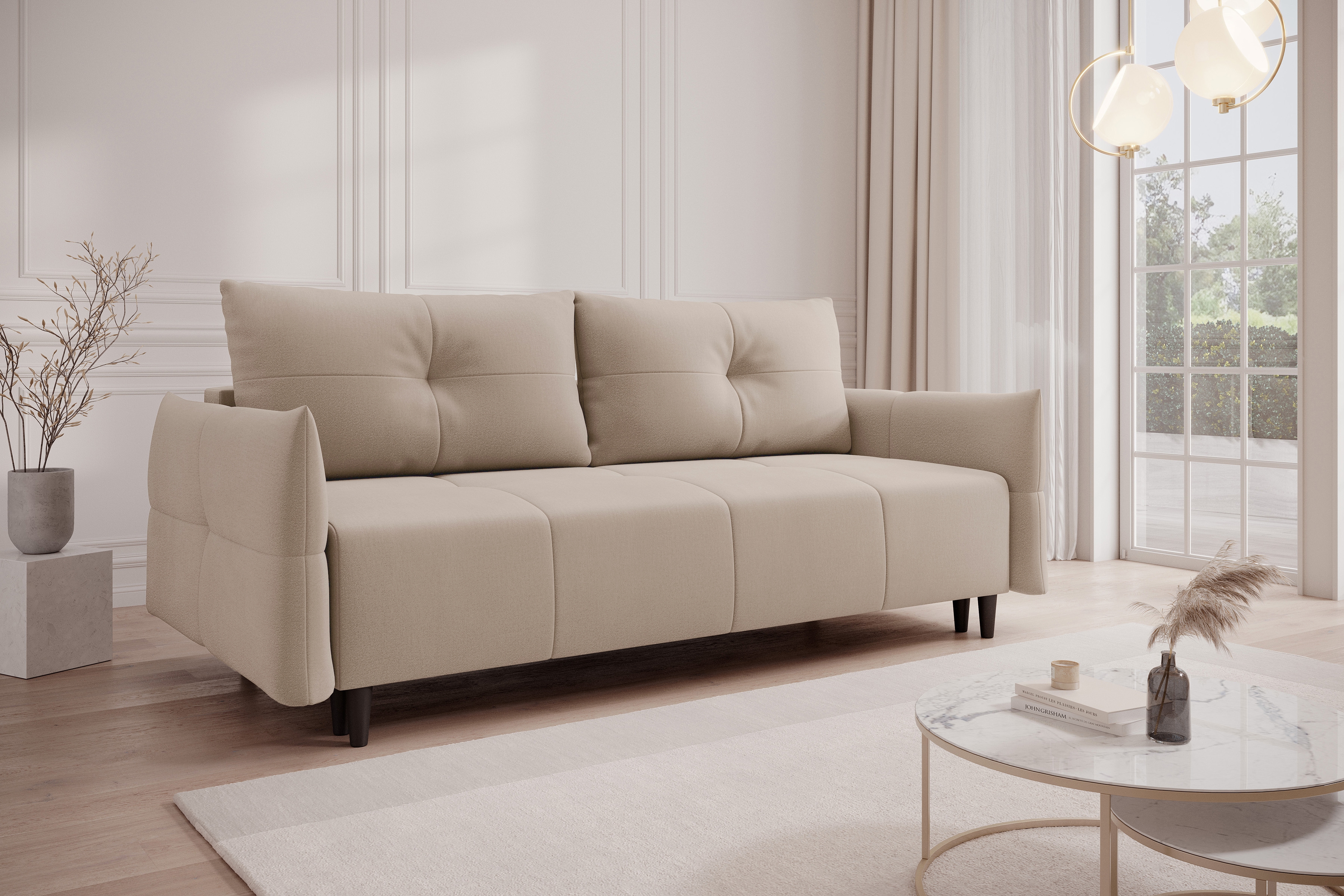 Rozkládací pohovka Fitelia s úložným prostorem - světle béžový samet Pretty 03 / nožky buk Pohovka rozkladana Fitelia s úložným prostorem- světlý béžová plusz Pretty 03 / buk 