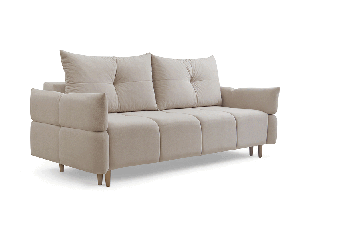 Rozkládací pohovka Fitelia s úložným prostorem - světle béžový samet Pretty 03 / nožky buk Pohovka rozkladana Fitelia s úložným prostorem- světlý béžová plusz Pretty 03 / buk 