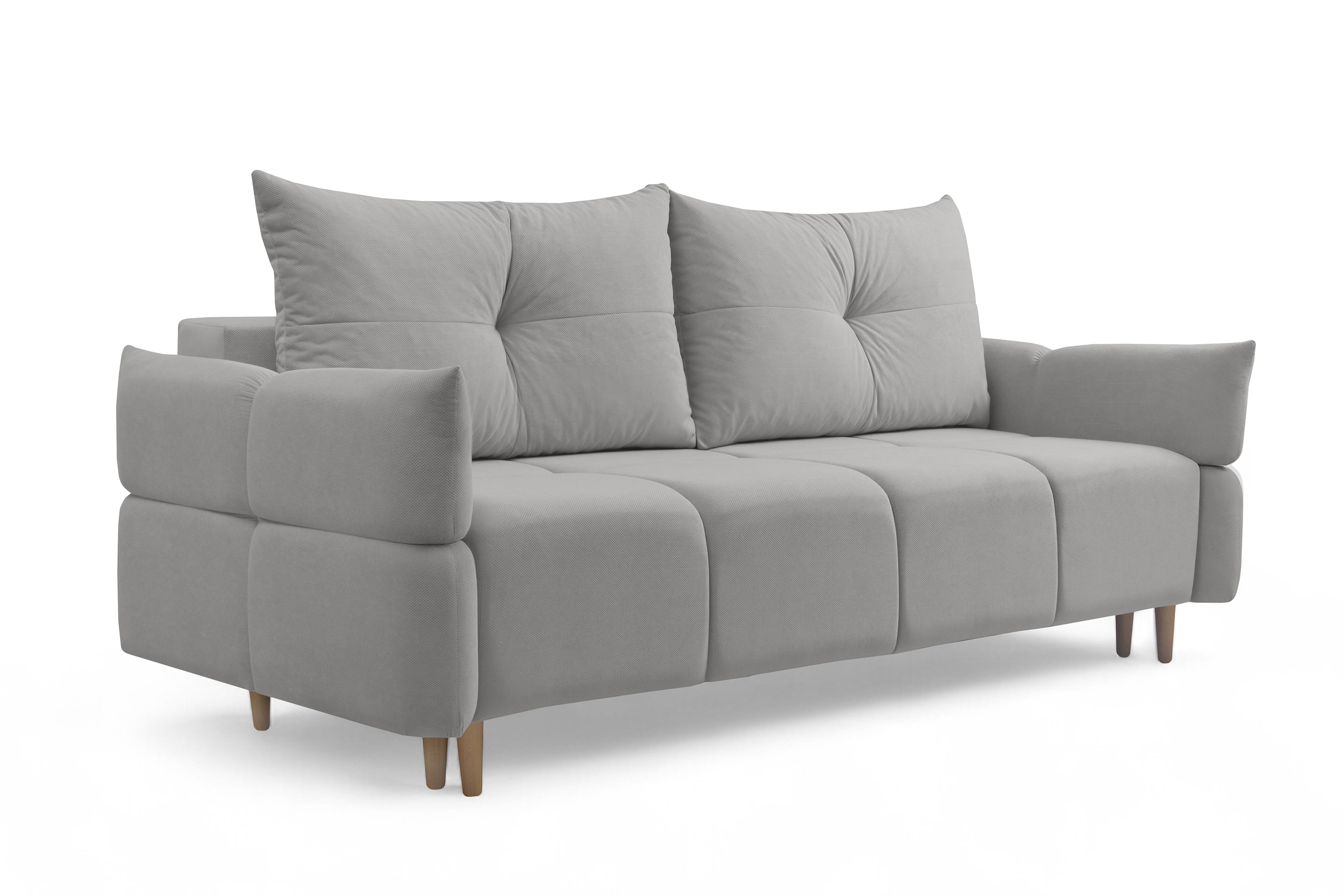 Rozkladacia pohovka Fitelia s úložným priestorom – popolavý plyš Pretty 16 / bukové nožičky Pohovka rozkladana Fitelia S vnútorným úložným priestorom- Popolový plusz Pretty 16 / buk 