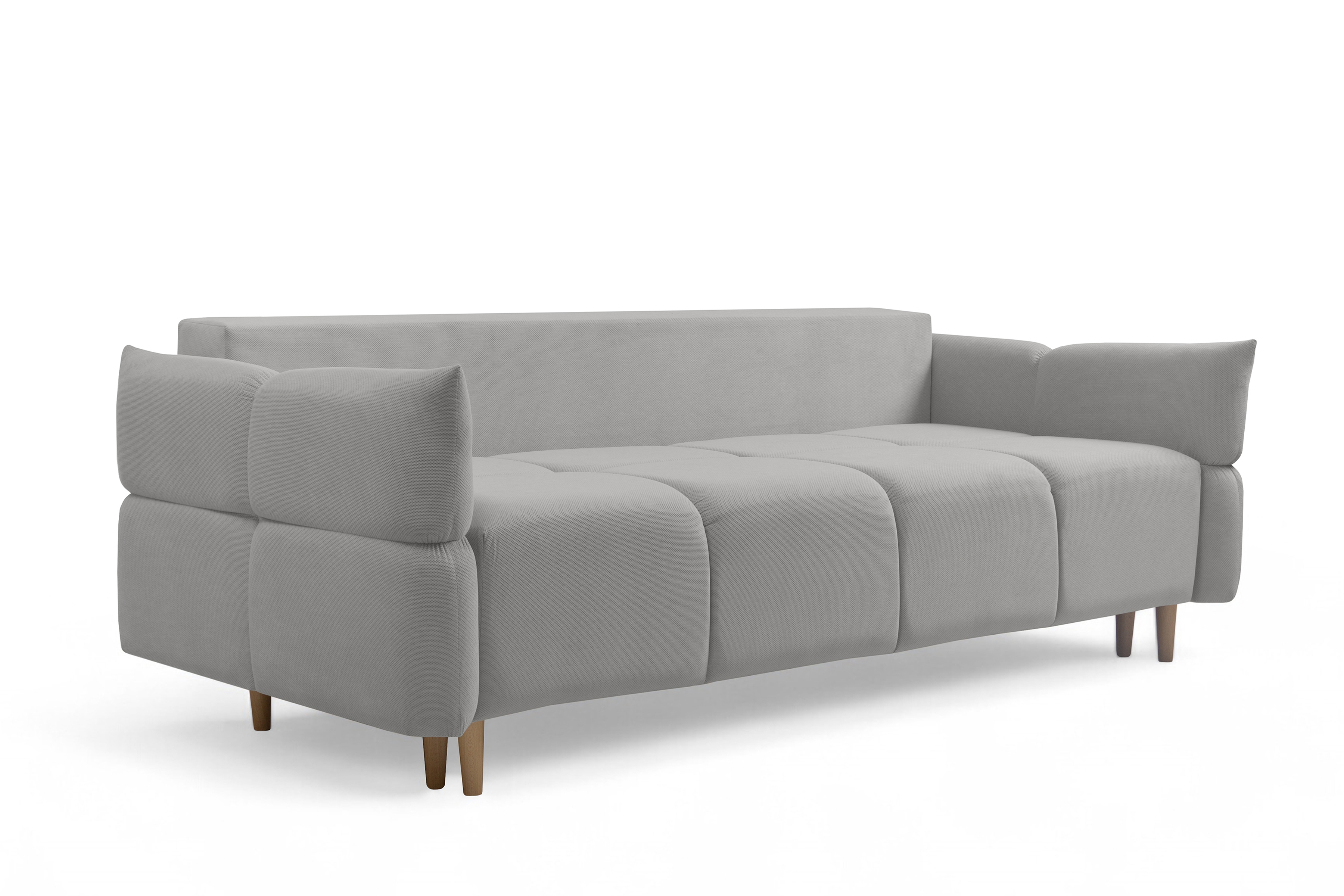 Rozkladacia pohovka Fitelia s úložným priestorom – popolavý plyš Pretty 16 / bukové nožičky Pohovka rozkladana Fitelia S vnútorným úložným priestorom- Popolový plusz Pretty 16 / buk 