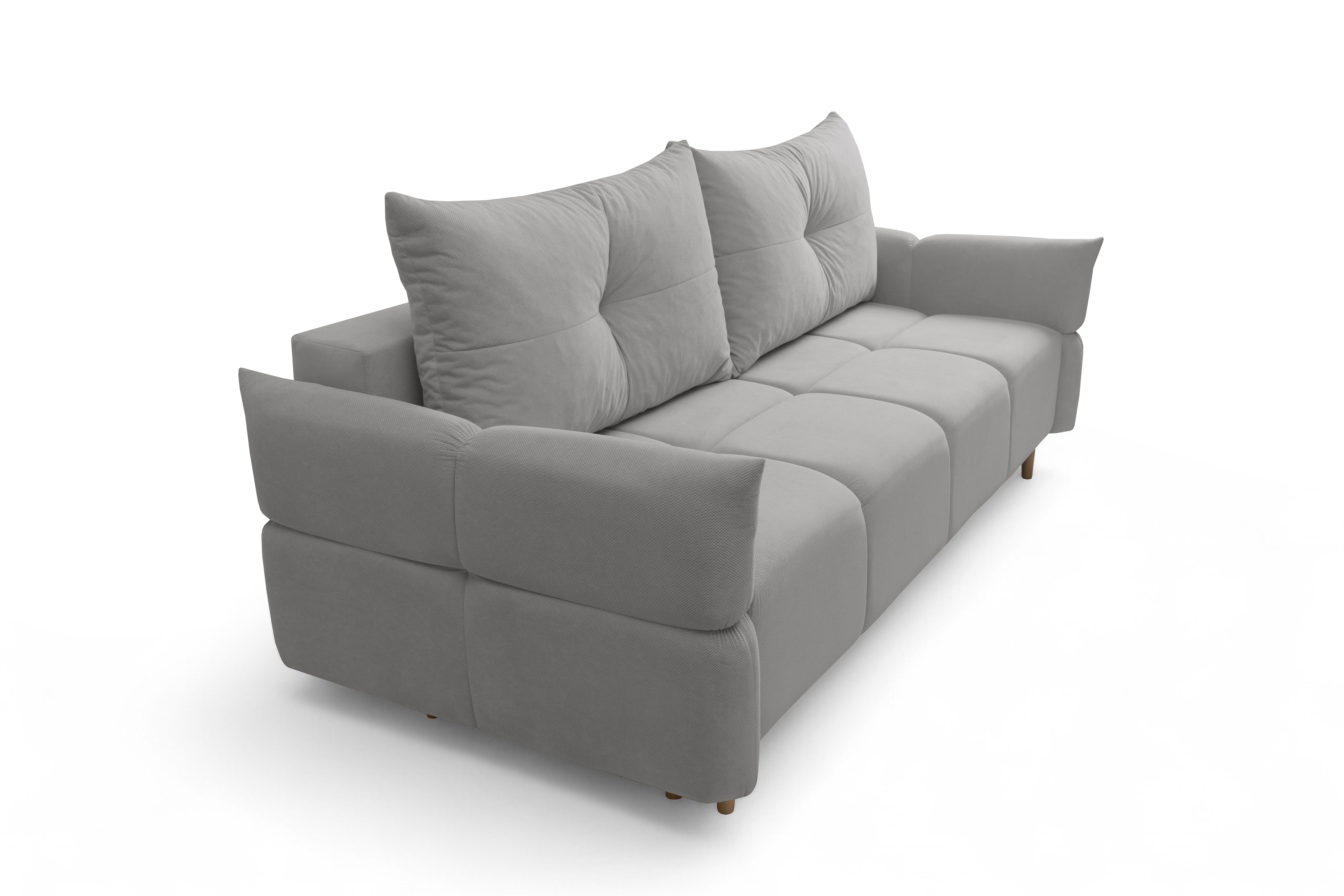 Rozkladacia pohovka Fitelia s úložným priestorom – popolavý plyš Pretty 16 / bukové nožičky Pohovka rozkladana Fitelia S vnútorným úložným priestorom- Popolový plusz Pretty 16 / buk 