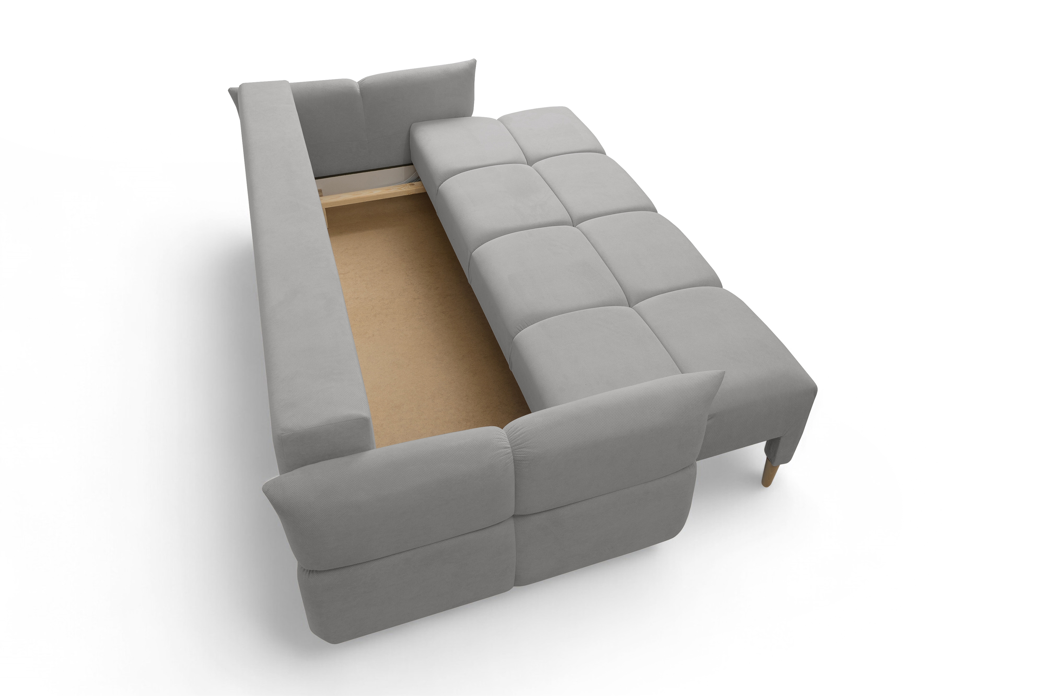 Rozkladacia pohovka Fitelia s úložným priestorom – popolavý plyš Pretty 16 / bukové nožičky Pohovka rozkladana Fitelia S vnútorným úložným priestorom- Popolový plusz Pretty 16 / buk 