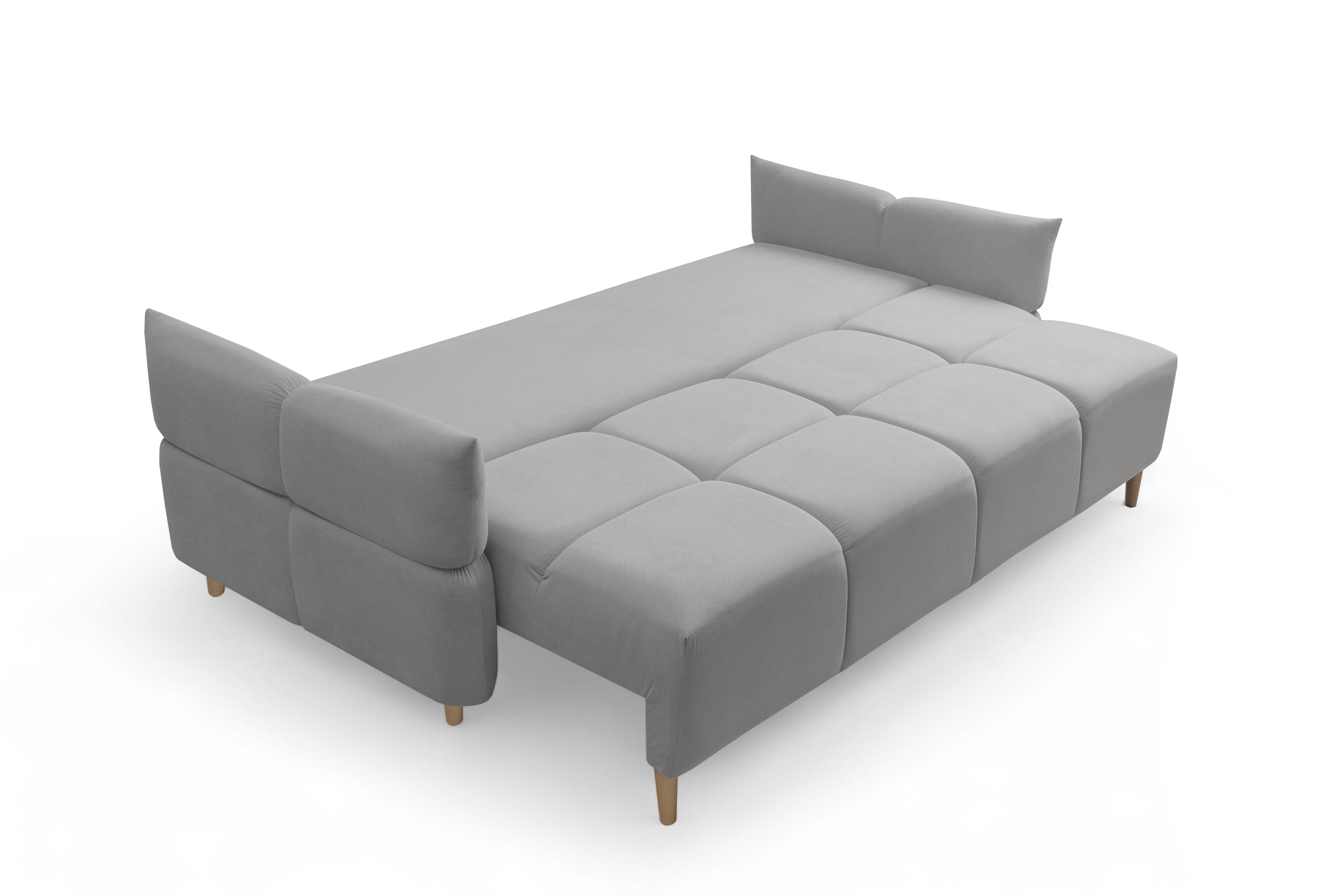 Rozkladacia pohovka Fitelia s úložným priestorom – popolavý plyš Pretty 16 / bukové nožičky Pohovka rozkladana Fitelia S vnútorným úložným priestorom- Popolový plusz Pretty 16 / buk 