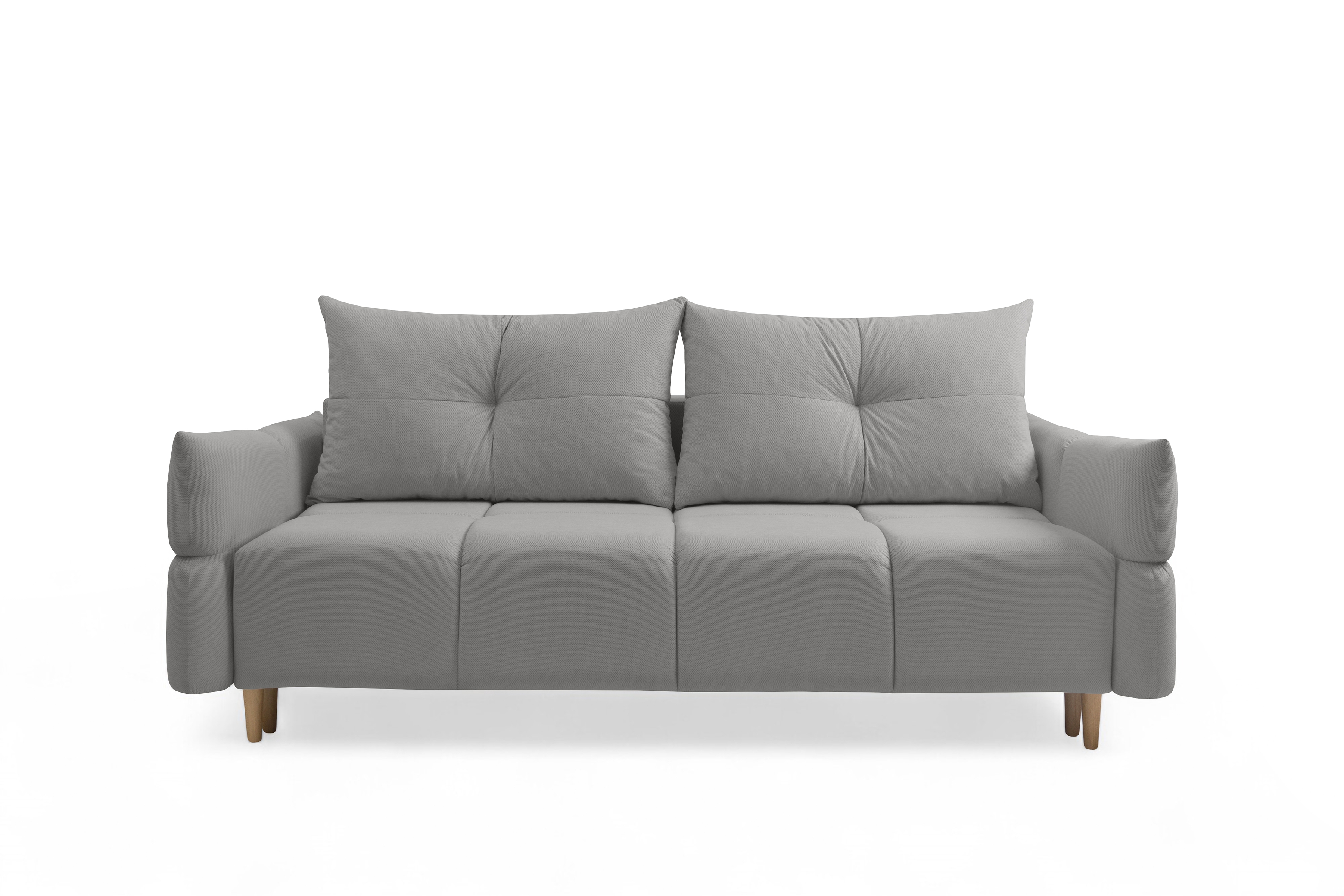 Rozkladacia pohovka Fitelia s úložným priestorom – popolavý plyš Pretty 16 / bukové nožičky Pohovka rozkladana Fitelia S vnútorným úložným priestorom- Popolový plusz Pretty 16 / buk 