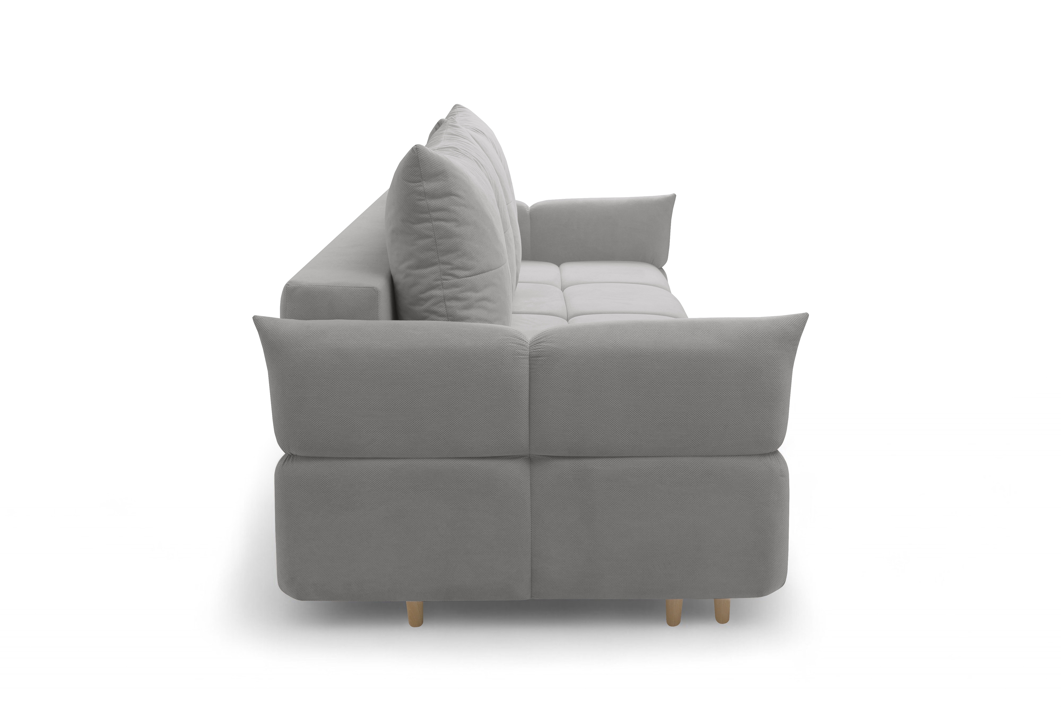 Rozkladacia pohovka Fitelia s úložným priestorom – popolavý plyš Pretty 16 / bukové nožičky Pohovka rozkladana Fitelia S vnútorným úložným priestorom- Popolový plusz Pretty 16 / buk 