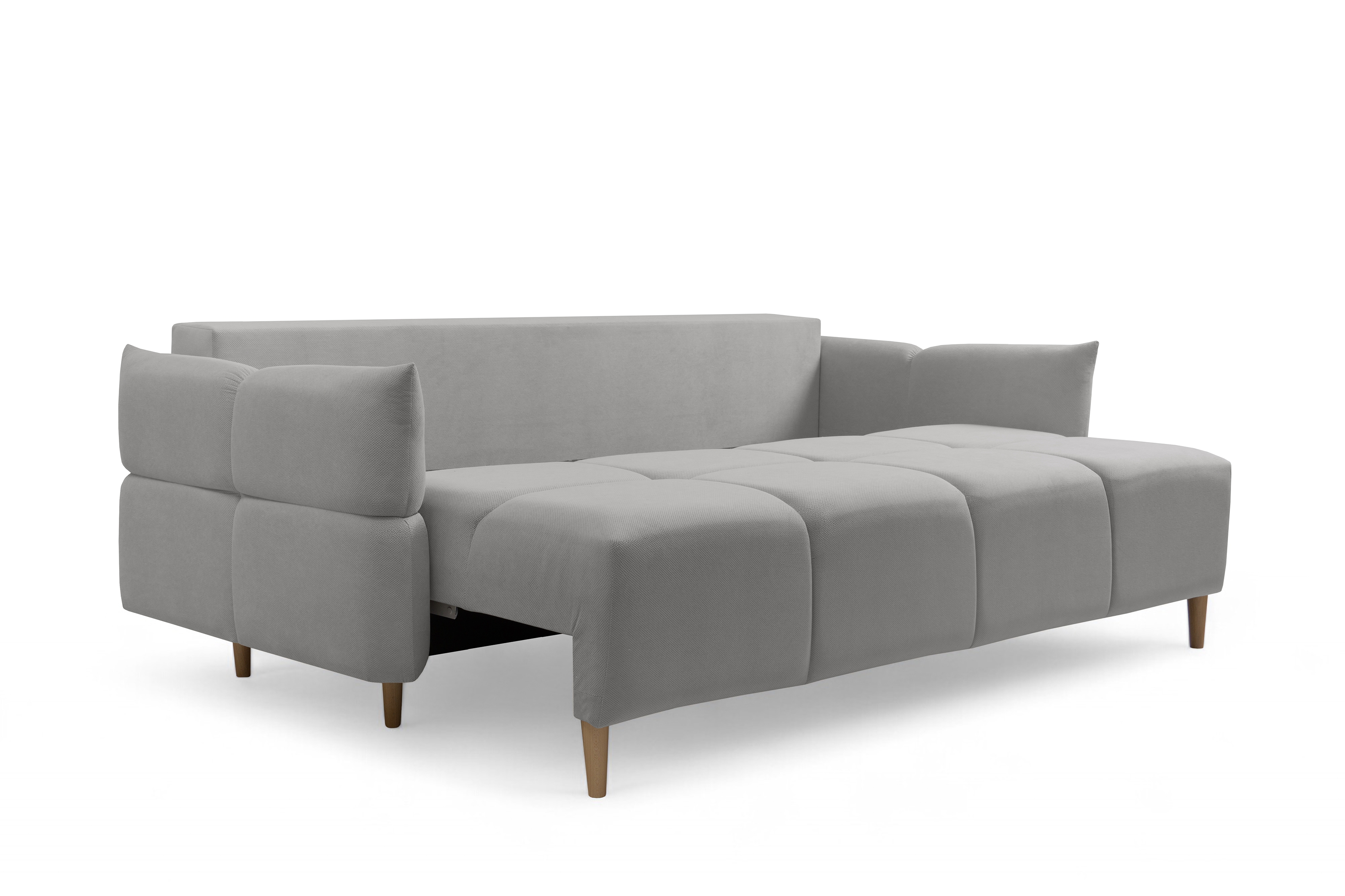 Rozkladacia pohovka Fitelia s úložným priestorom – popolavý plyš Pretty 16 / bukové nožičky Pohovka rozkladana Fitelia S vnútorným úložným priestorom- Popolový plusz Pretty 16 / buk 